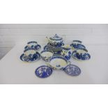 A quantity of Wedgwood blue and white 'Willow' patterned tea wares to include cups, saucers, teapot,