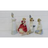 Porcelain figures to include Royal Doulton 'Top O' the Hill' (a/f), a Lladro Angel, two Nao