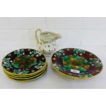 A Victorian Majolica dessert service with vine leaf embossed pattern, comprising comport and four