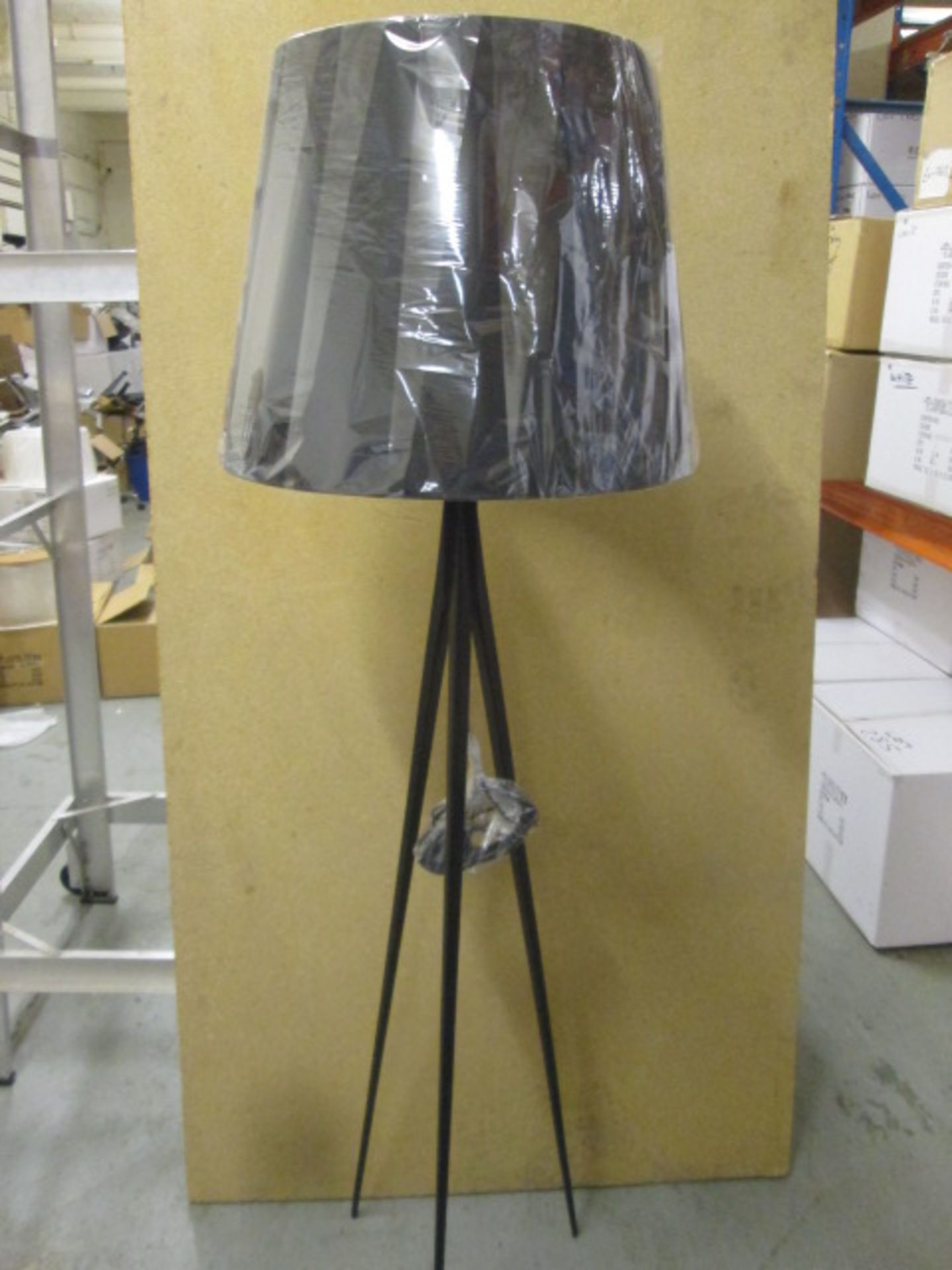 Black Metal Tripod Floor Lamp with Matt Black Lamp/Light Shade (H) 45cm x (D) 55cm. Total Height