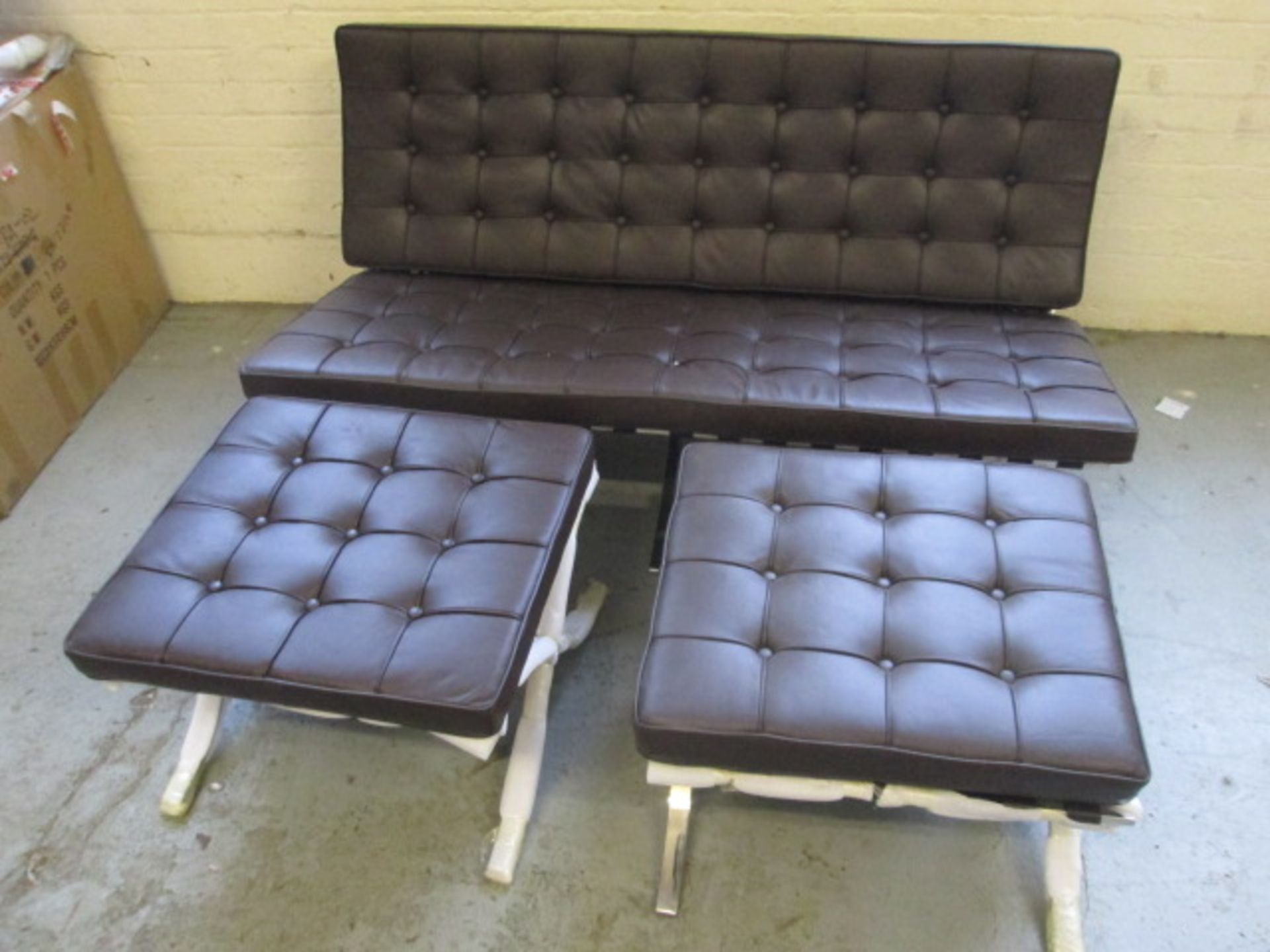 Boxed/As New: Pavilion Style 2 Seater Polished Stainless Steel Sofa with Brown Leather Cushions &