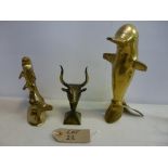 3 x Brass Ornaments to Include: 1 x Dolphin, 1 x Fish & 1 x Bull Head Bust