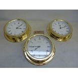 3 x Timemaster Quartz Round Brass Look Wall Clocks