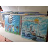 48 x Unframed Paintings by Children on Loxley Canvas & Winsor & Newton Canvas to Include: 13 x