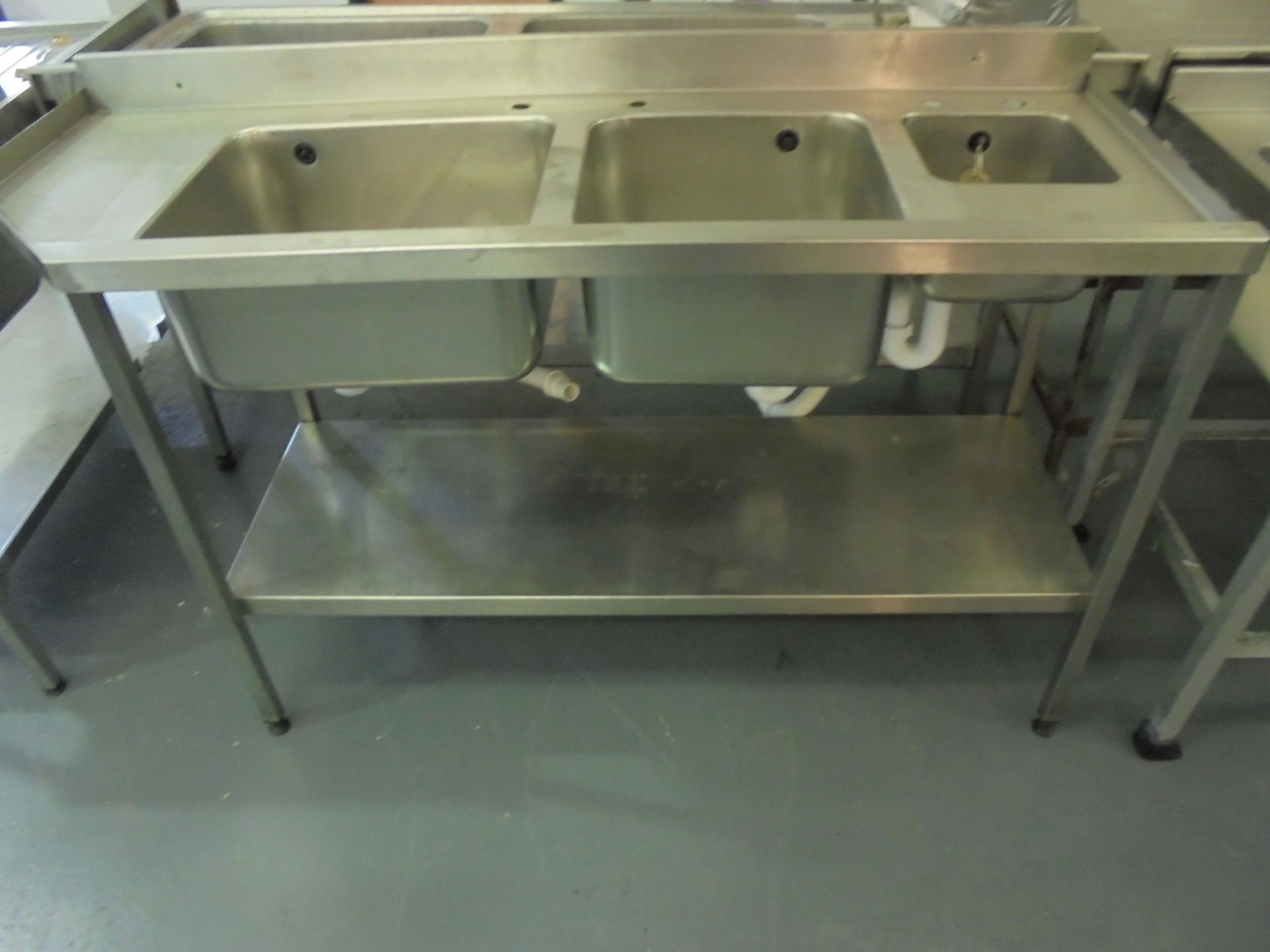 Stainless Steel Commercial Double Bowl Sink with Hand Basin & Shelf Under. Size (H) 90cm x (D)
