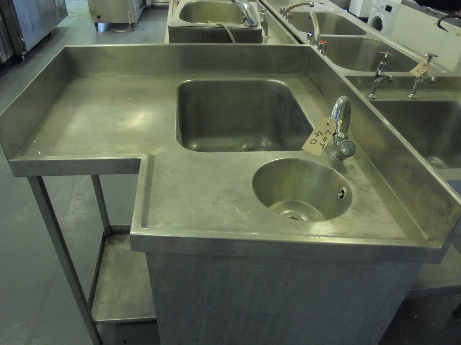 Stainless Steel Commercial Corner Single Bowl Sink with Hand Basin & Shelf Under. Size (H) 90cm x (