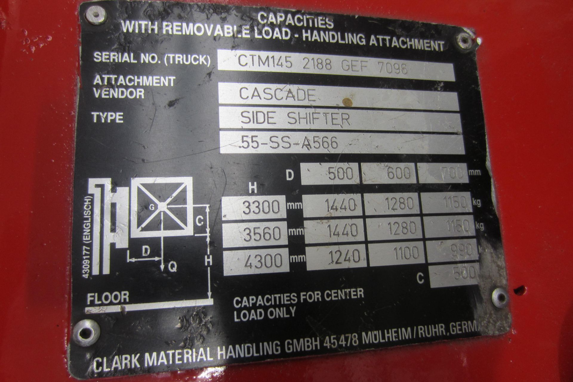 Clark Cascade 3 Wheel Electric Fork Lift Truck with Side Shift. S/N CTM145 2188 GEF 7096. 4.3m - Image 3 of 4