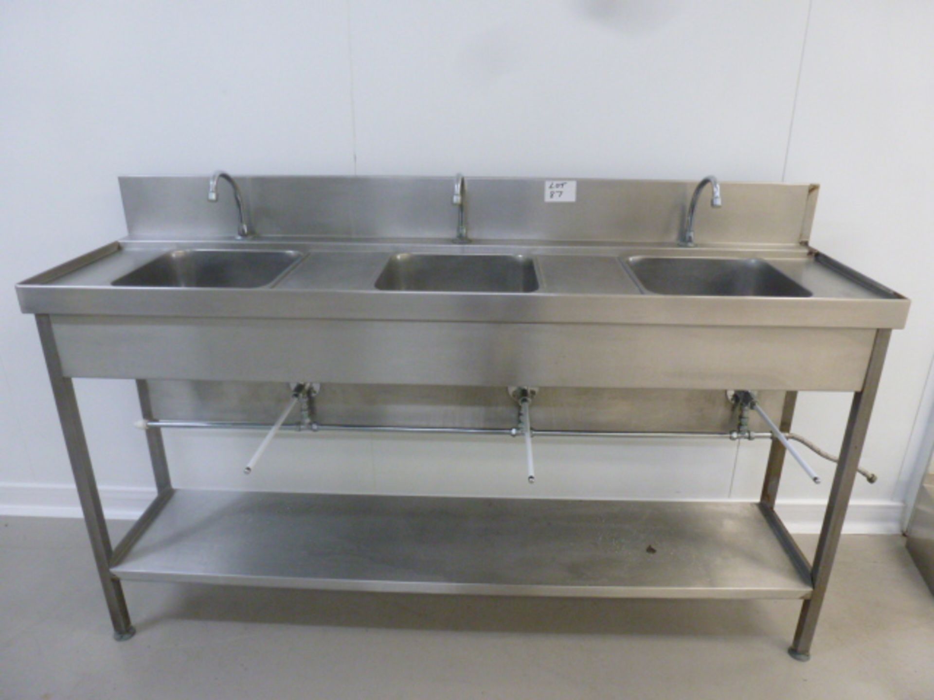 Stainless Steel Bank of 3 Hand Wash Basins with Knee Operated Lever. Size (W) 175cm x (D) 47cm