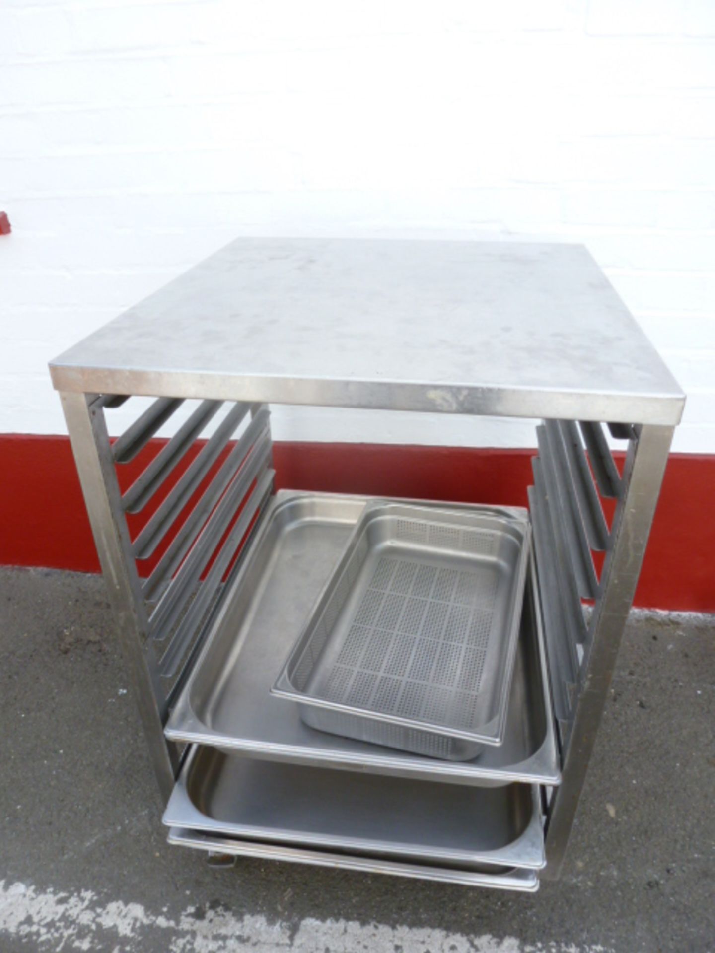 Stainless Steel Mobile Trolley with 10 Racks & 7 Assorted Trays. Size 65cm x 60cm x 90cm.