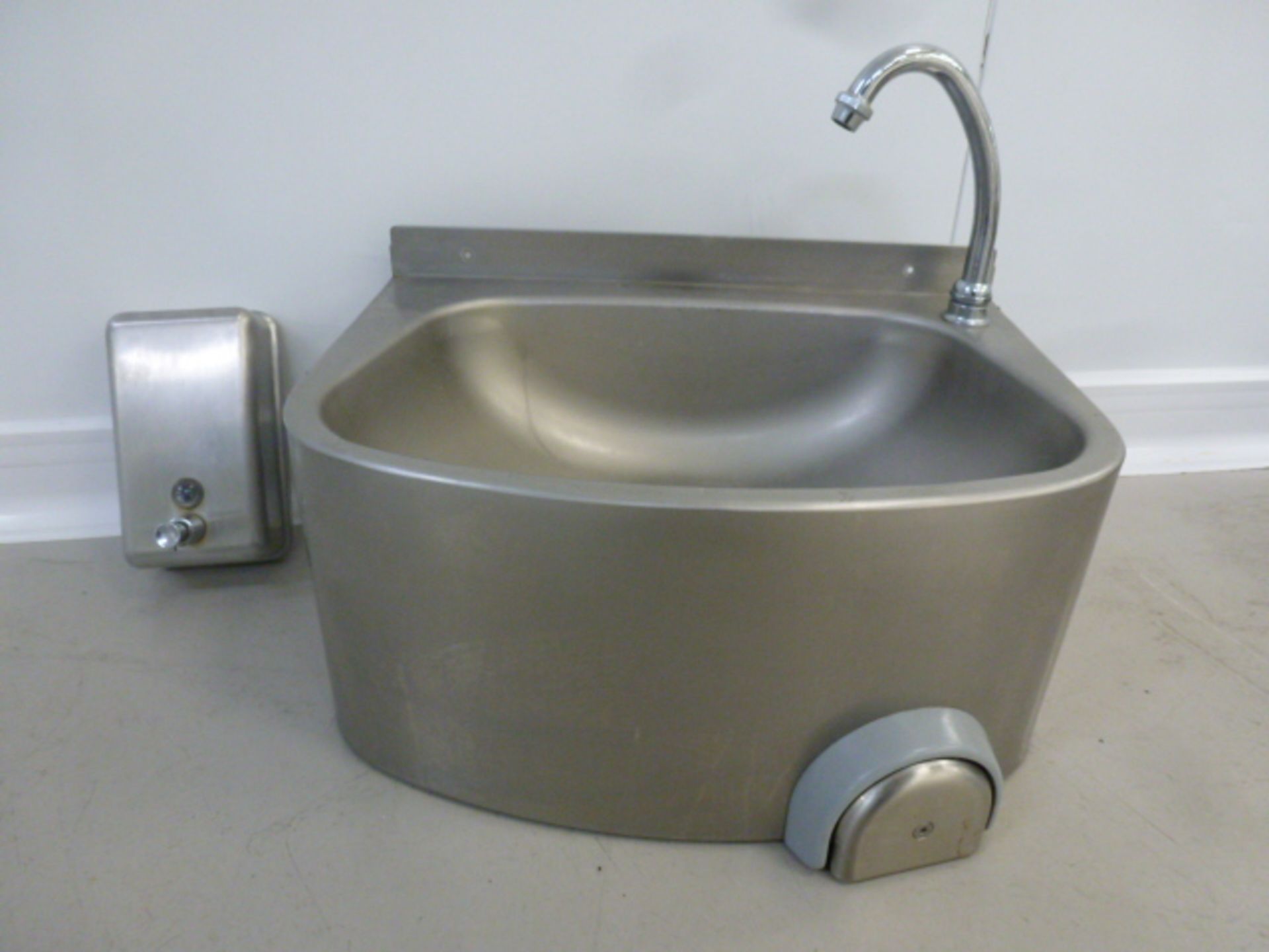 Stainless Steel Knee Operated Hand Wash Basin with Soap Dispenser.