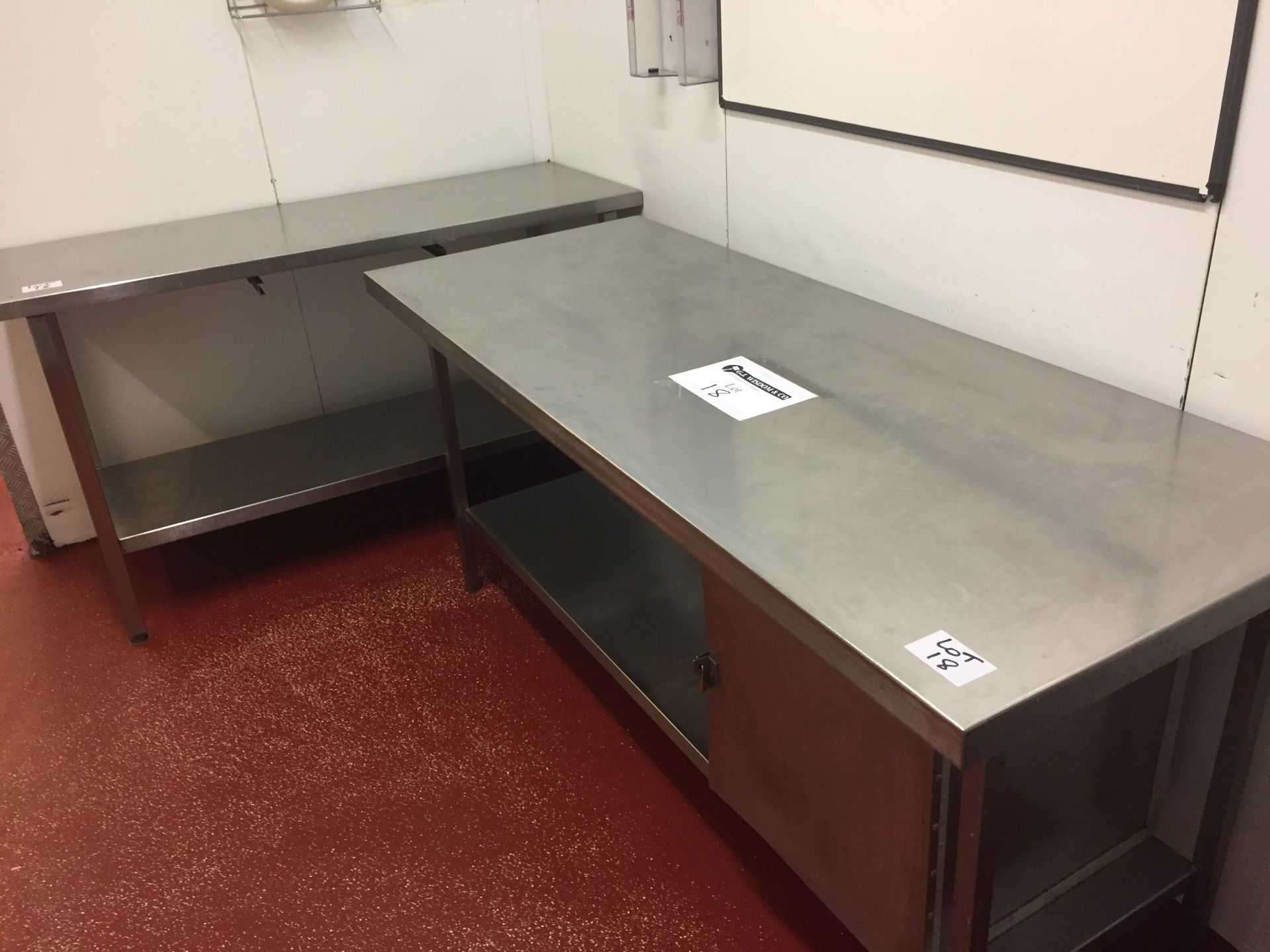 2 x Stainless Steel Prep/Work Tables. Size 1 x 180cm x 70cm, 1 x 150cm x 60cm