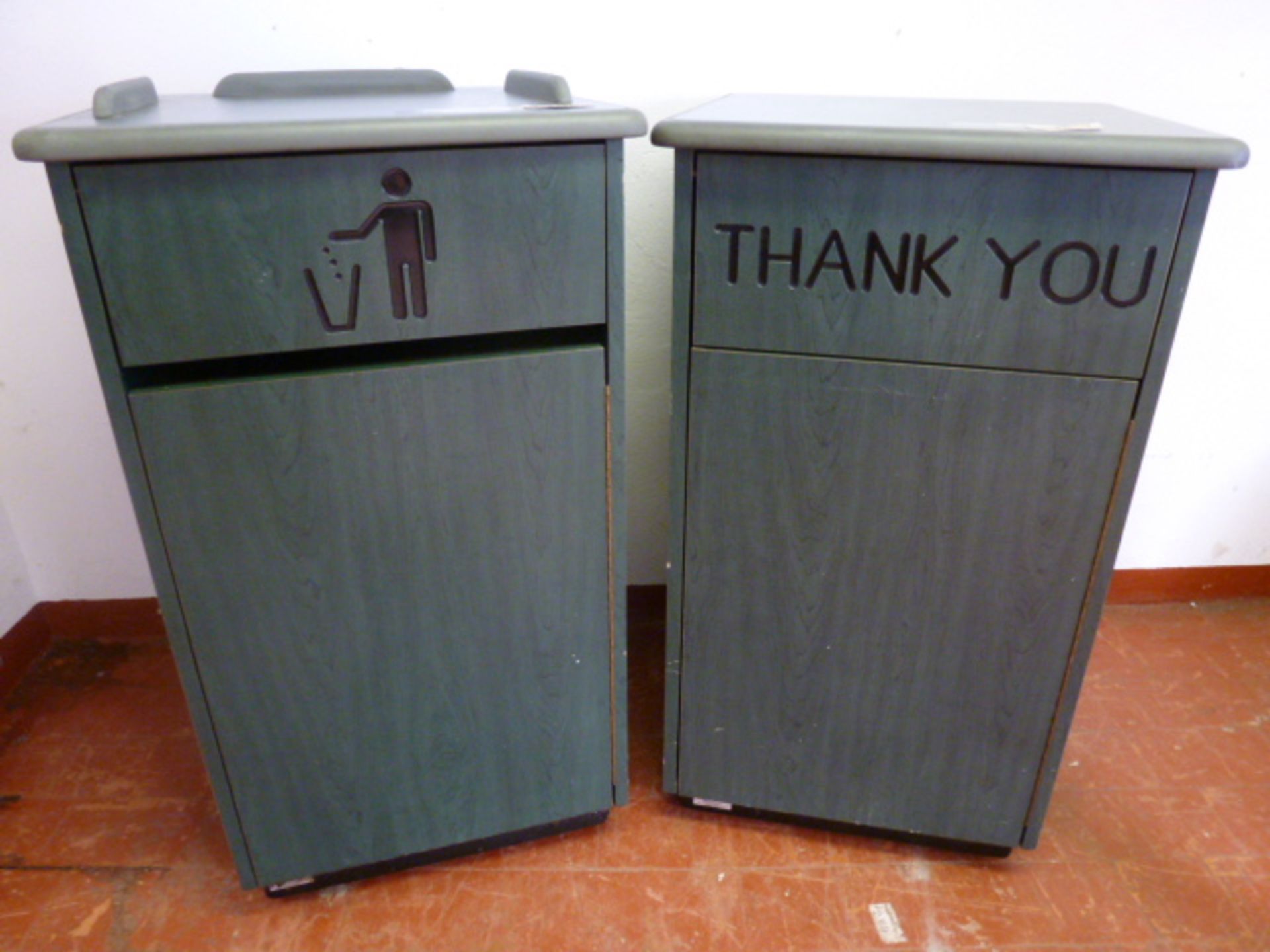 2 x Wood in Green Finish Fast Food Bin Holders.