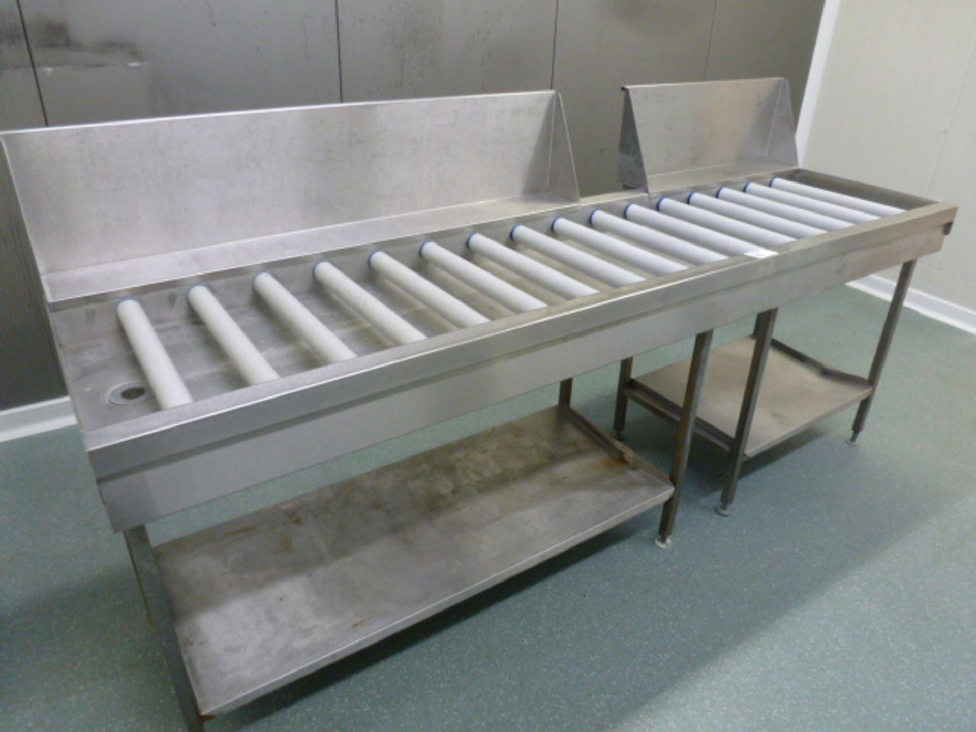 Stainless Steel Dishwasher Outlet Table with Guide Runners & Drain. Size (L) 250cm