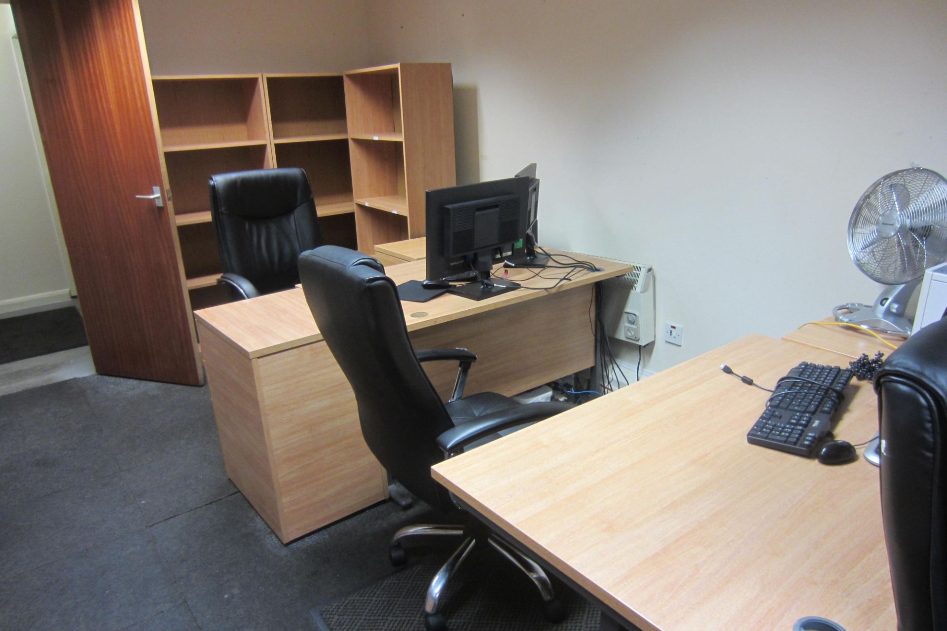 Contents of Office to Include 4 x Desks, 9 x Pedestals, 4 x Chairs, 7 x Bookcases & 3 x 4 Drawer