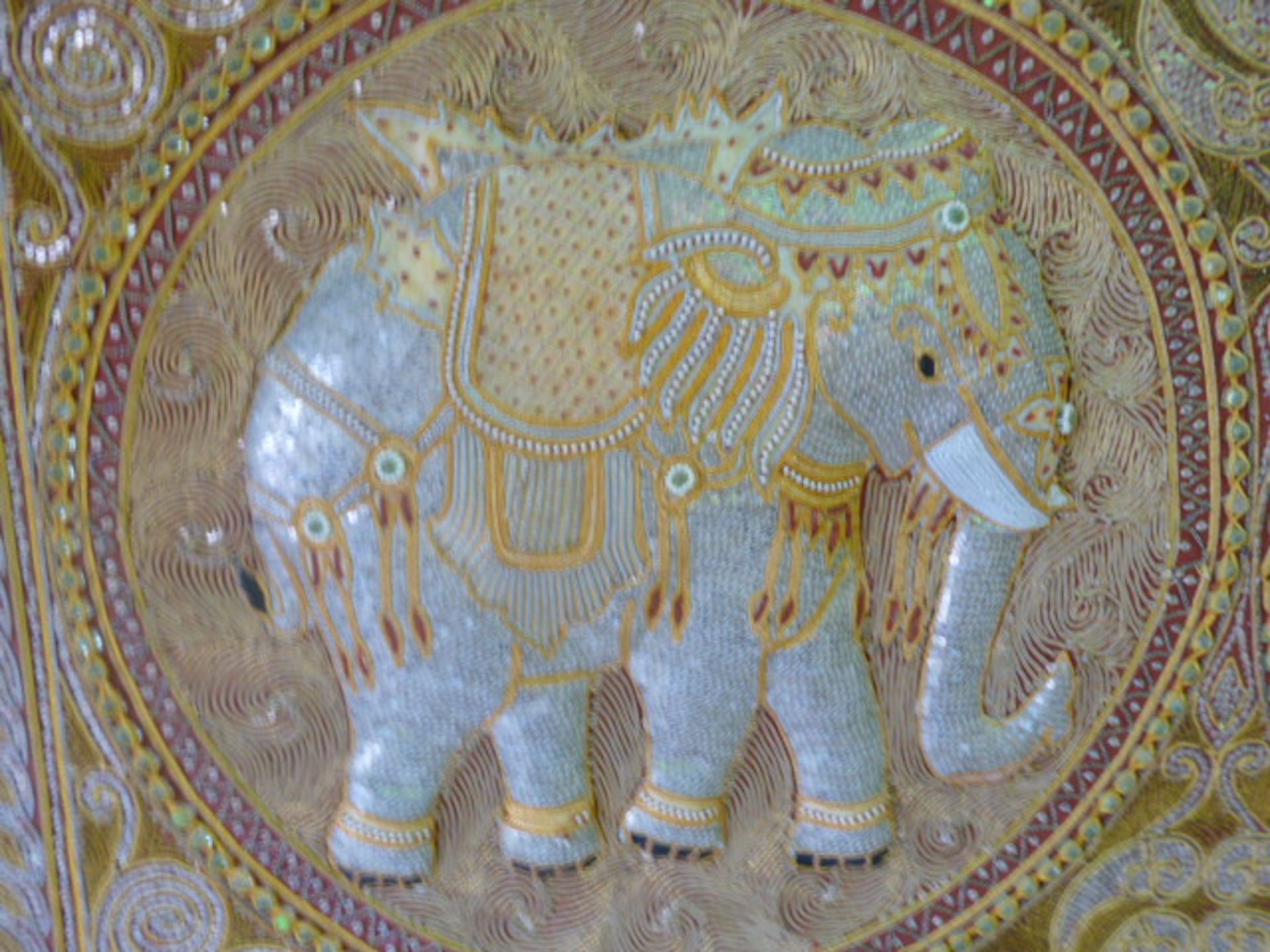 Gilt Framed Embroidery of 2 Indian Elephants with Raised 3D Effect. Intricate Detailing with Gold - Image 2 of 4