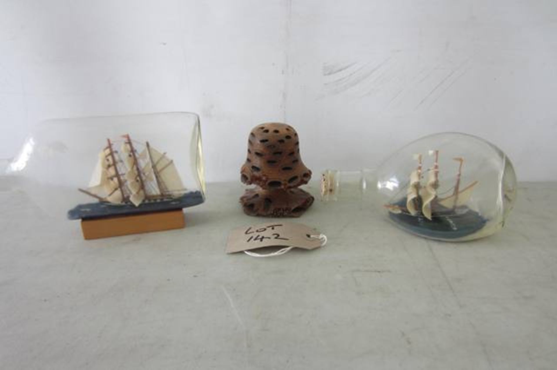 2 x Sailing Ships in Bottles & A Hand Made Wood Mushroom Dated 28/8/97.