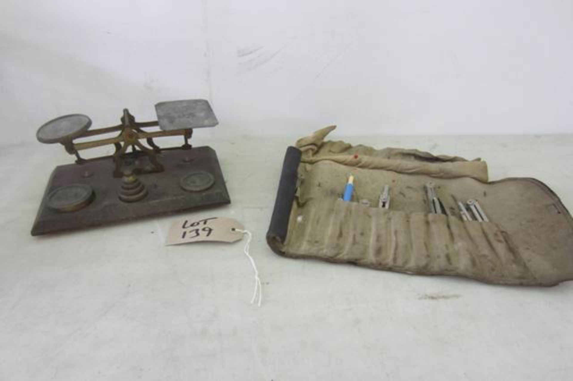 Set of Old Gem Scales & An Architects Leather Bound Instrument Roll Containing Assorted Compasses.