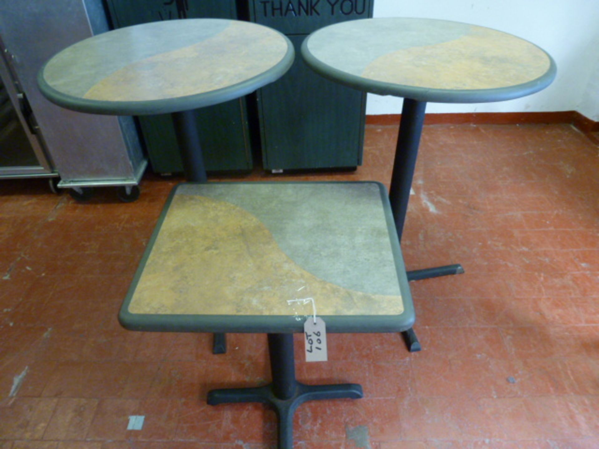 3 x Café Tables to Include: 2 High Round Tables & 1 Square Table with Metal Bases. - Image 2 of 2