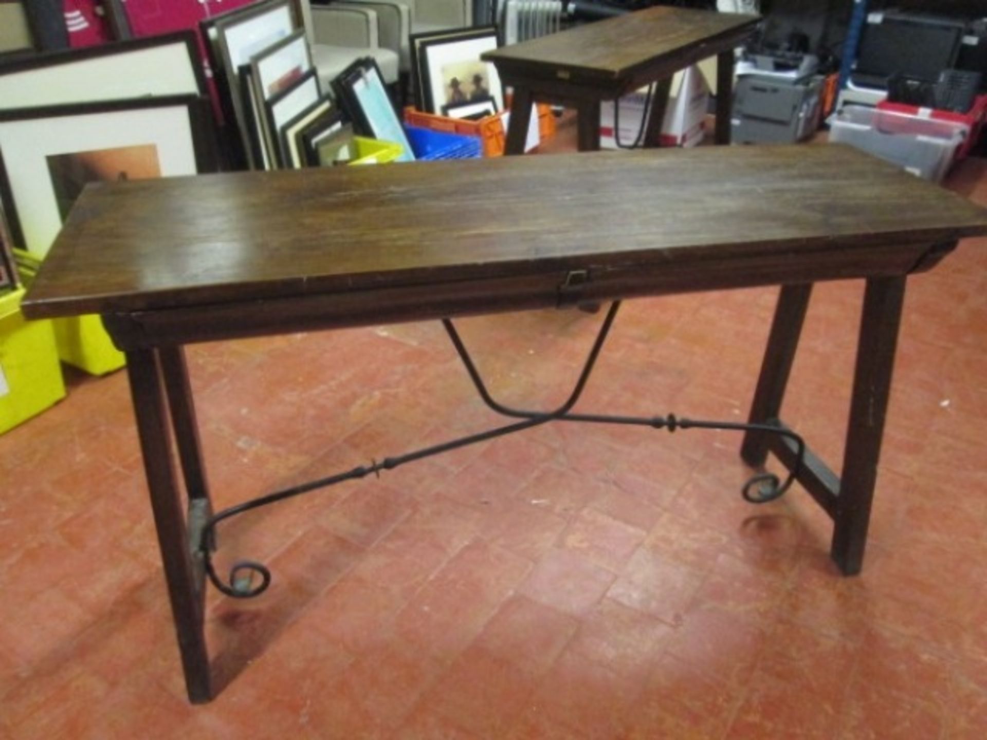 Vintage Double Sided Old Wooden Console Table with 2 Draws & Wrought Iron Detail. Size (H) 75cm x (