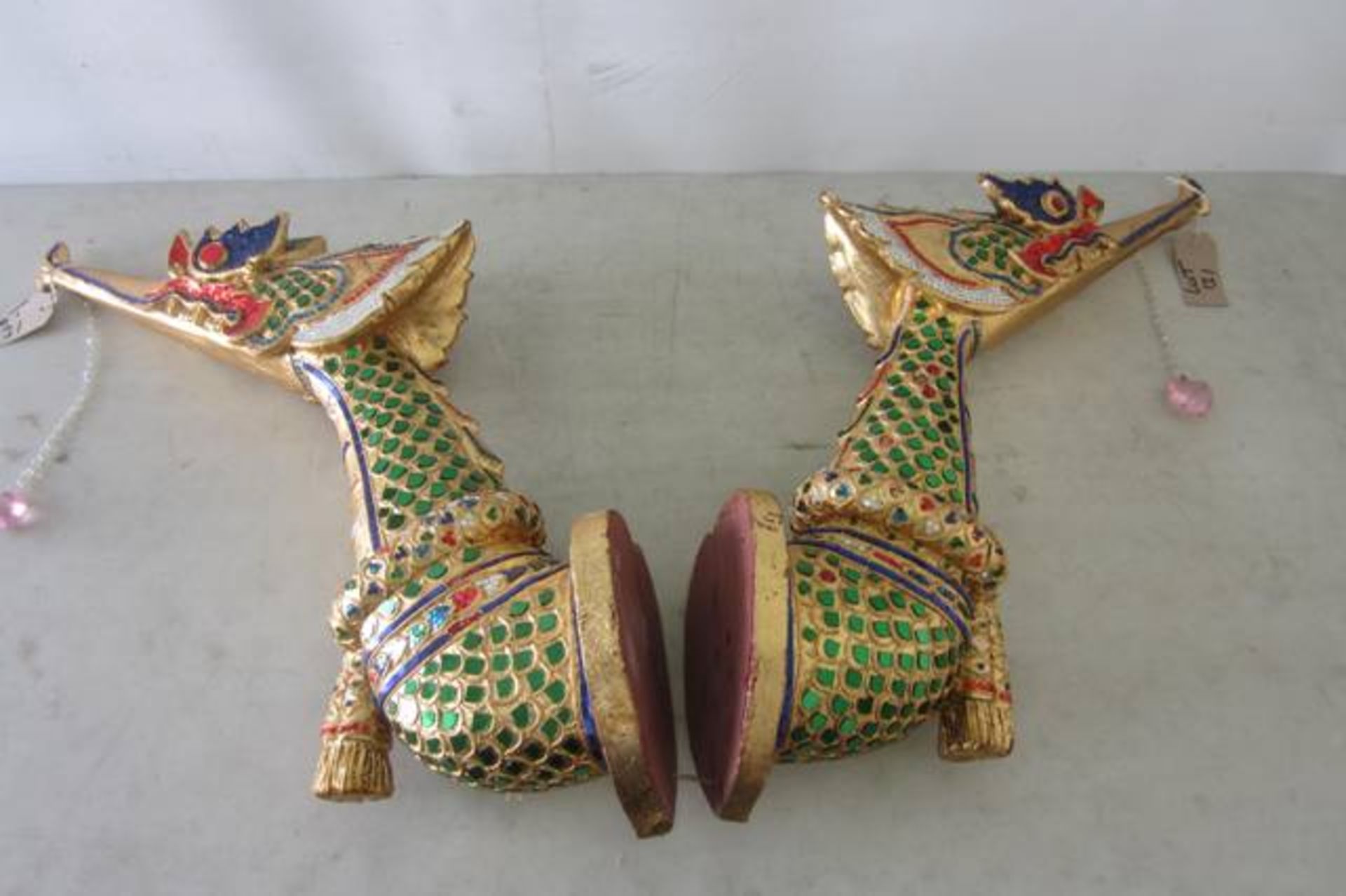 Pair of Wood Oriental Dragons Embellishments with Gold Leaf and Coloured Sequins.