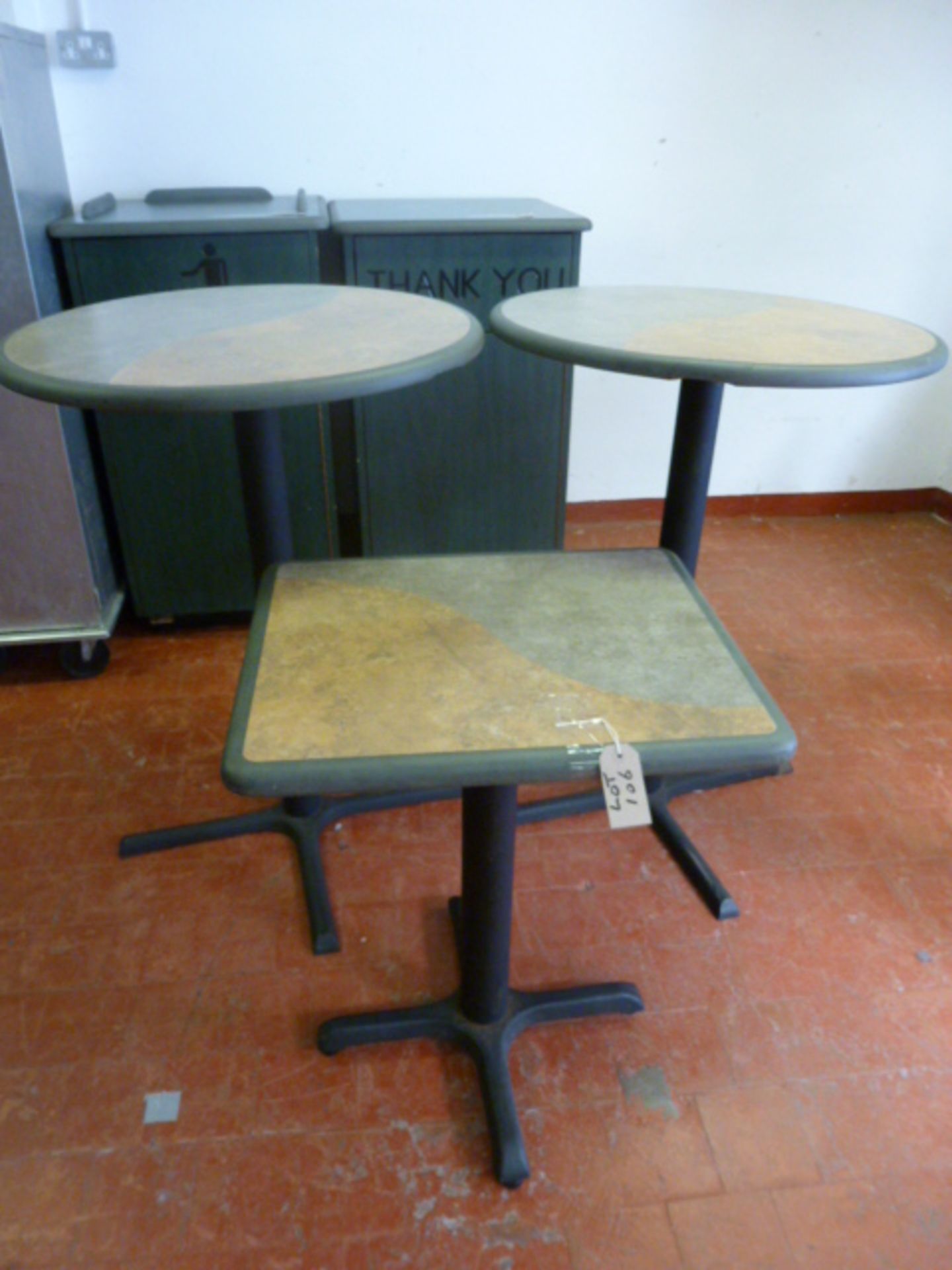 3 x Café Tables to Include: 2 High Round Tables & 1 Square Table with Metal Bases.