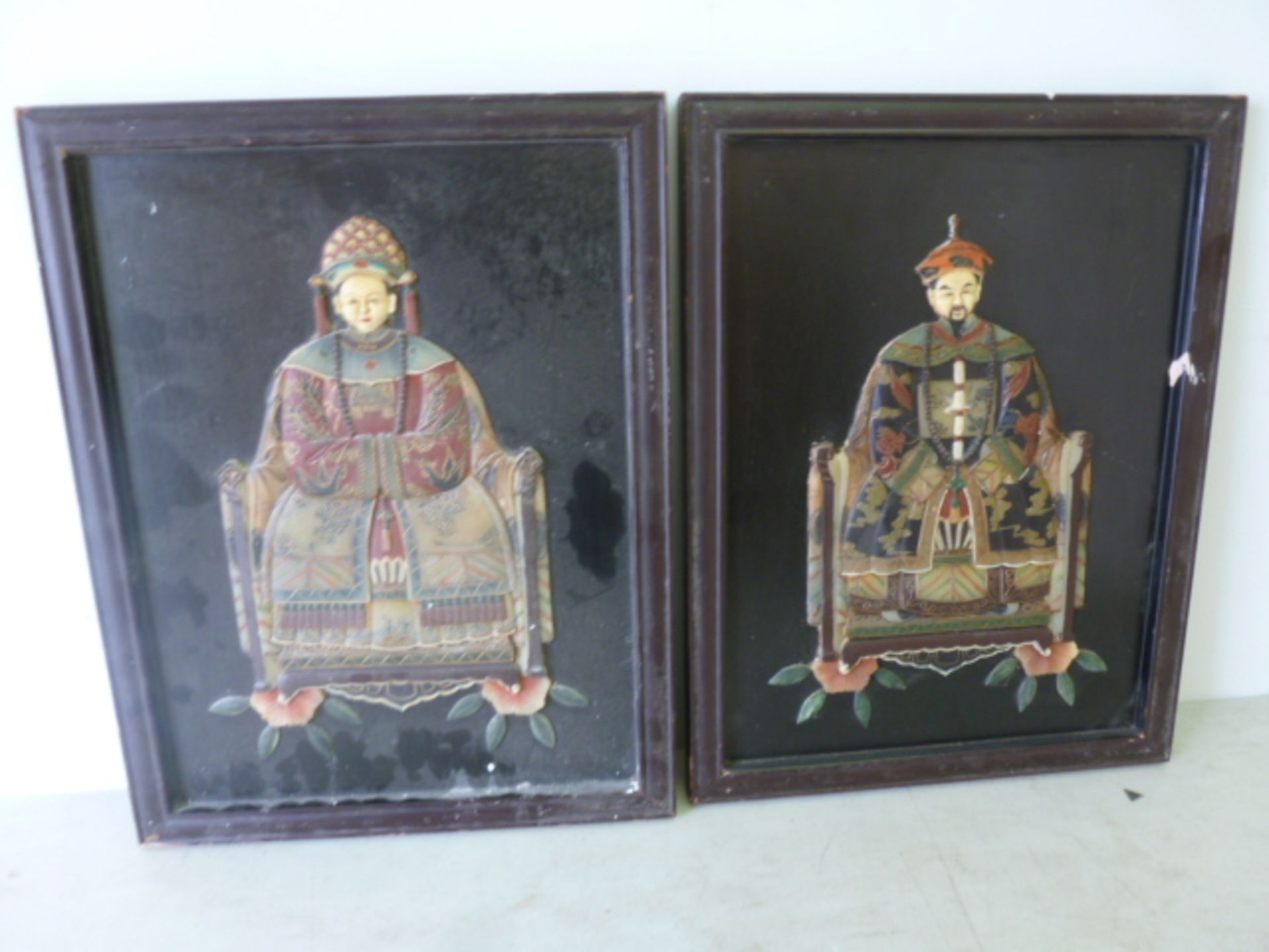 Pair of Chinese Carved Panels Depicting Chinese Figurines in Chairs. Size H46cm x W36cm