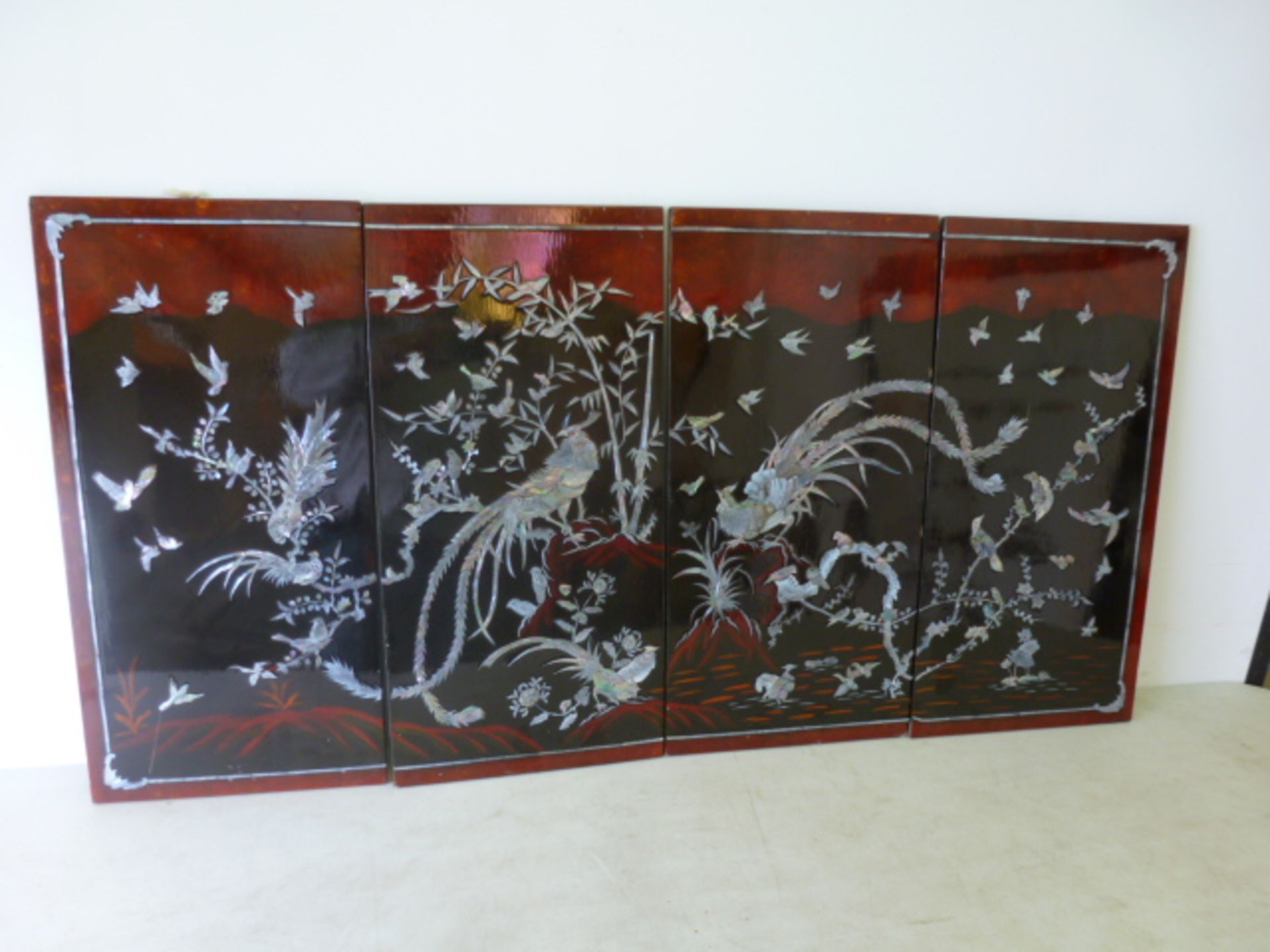 4 Oriental Wooden Panels with Marquetry Inlay Appears to be Mother of Pearle. Depicting a Scene of