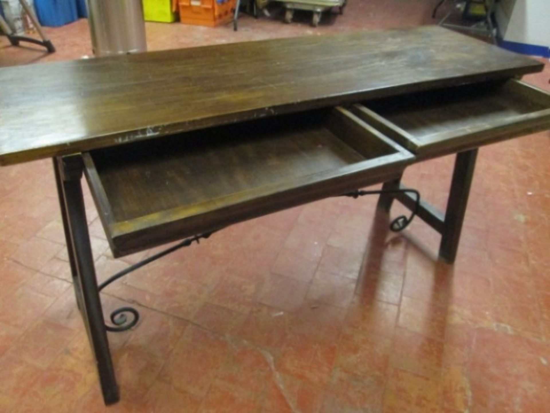 Vintage Double Sided Old Wooden Console Table with 2 Draws & Wrought Iron Detail. Size (H) 75cm x ( - Image 5 of 9