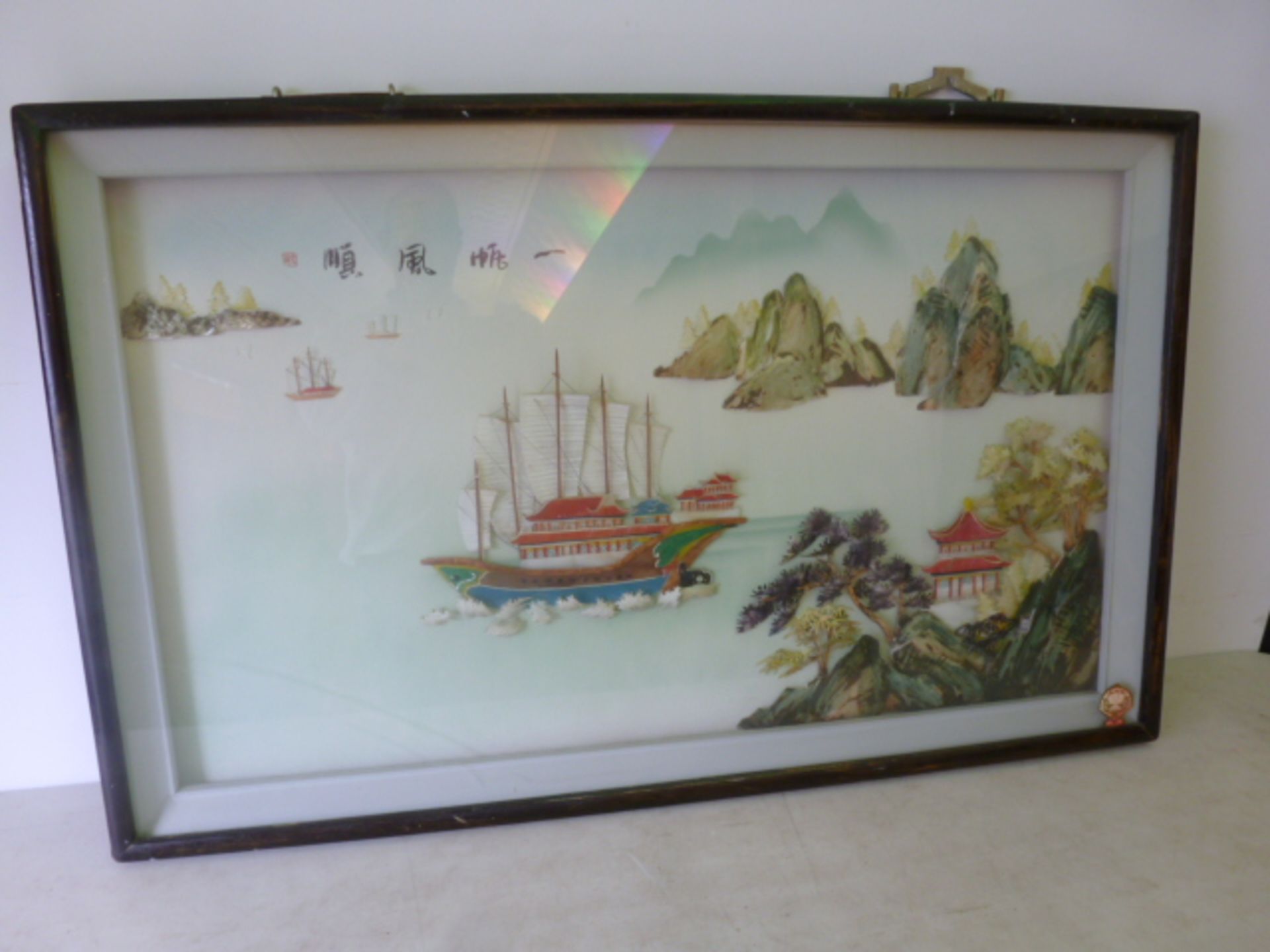 Framed & Glazed Diarama Oriental Boat Scene in Case Carved from Shells. Size H69cm x W110cm