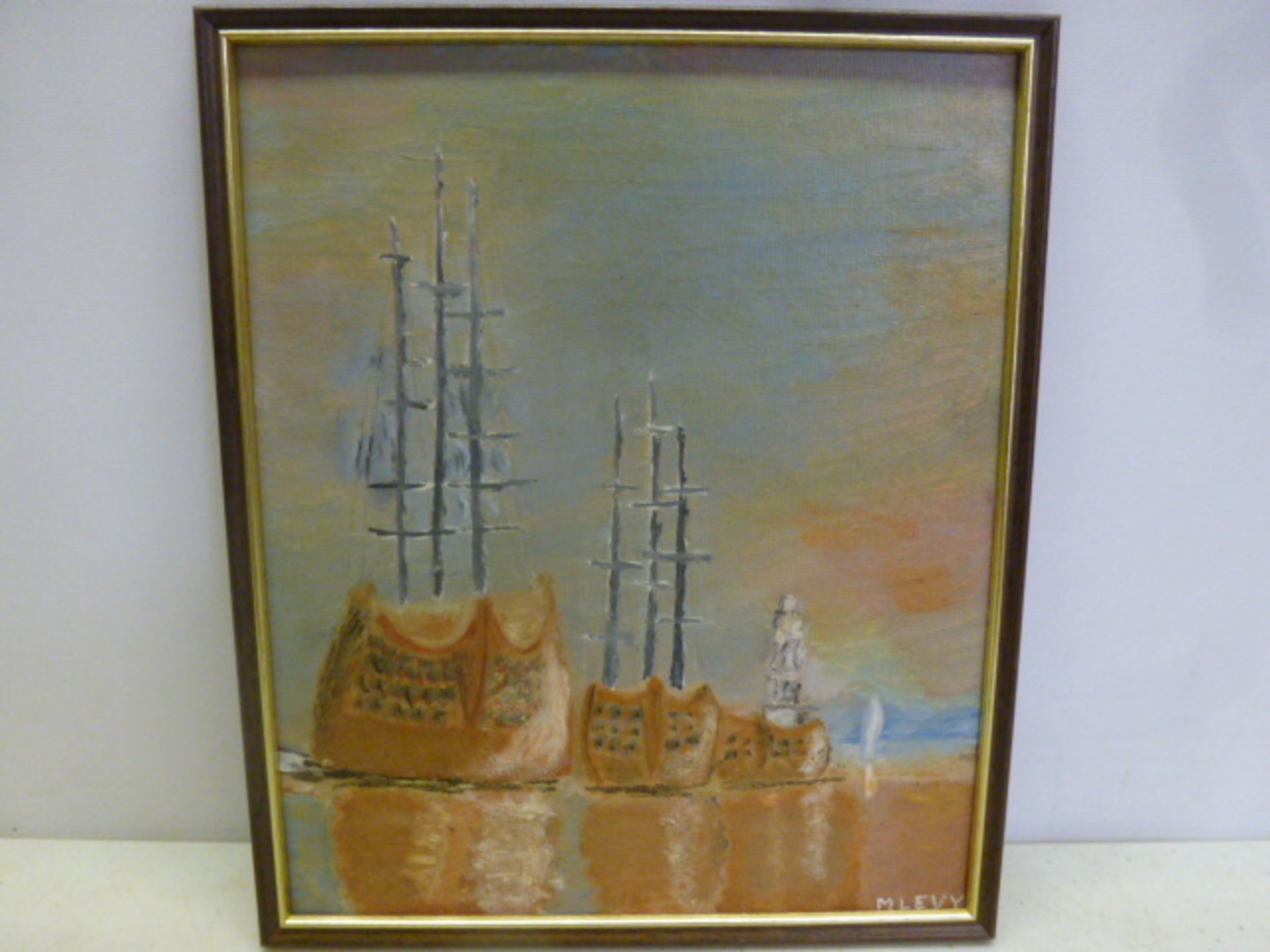 Framed Oil on Board of 3 Ships at Anchor Signed by M Levy, 1981. Size 27cm x 32cm