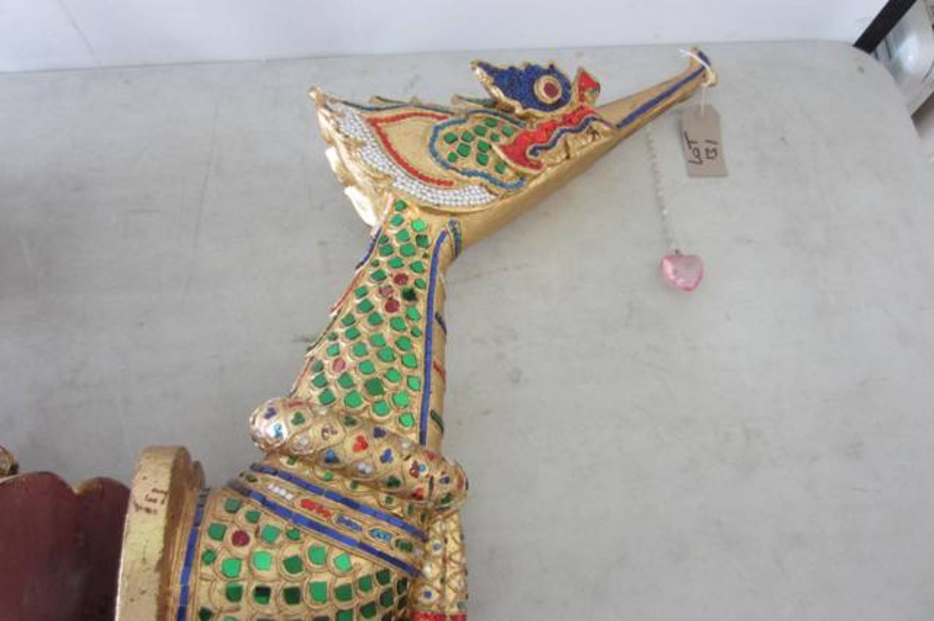 Pair of Wood Oriental Dragons Embellishments with Gold Leaf and Coloured Sequins. - Image 3 of 3