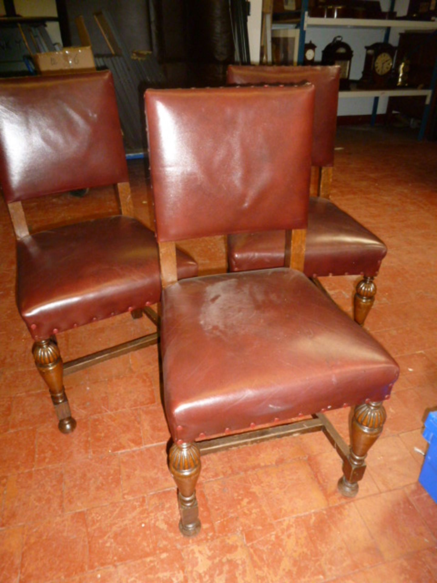 3 x Matching Early Wood Chairs with Dark Red Leather & Stud Detail.