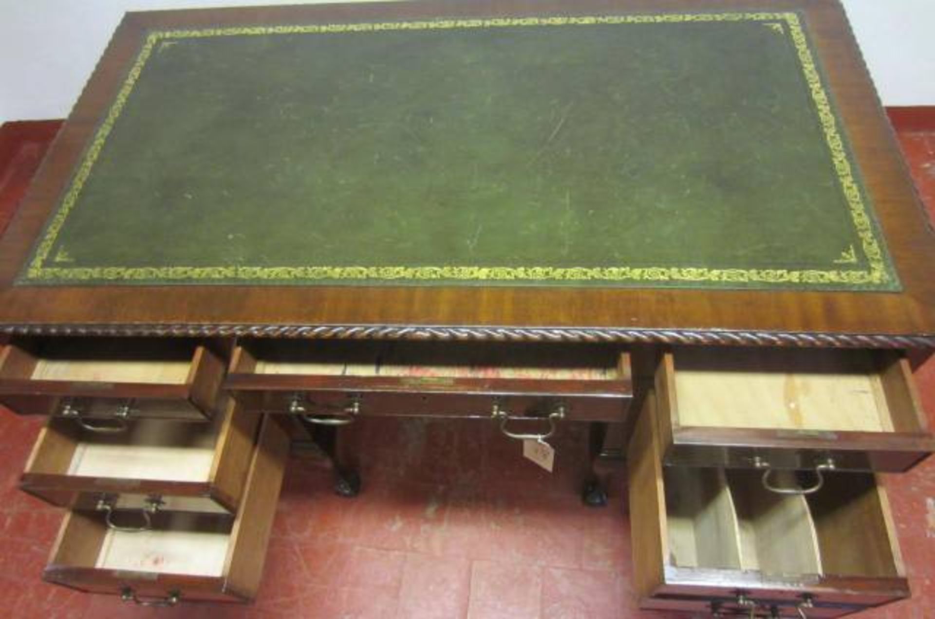 An Edwardian Mahogany, Double Pedestal Desk with 7 Drawers & Leather Insert Top on Ball & Claw Feet. - Image 6 of 16