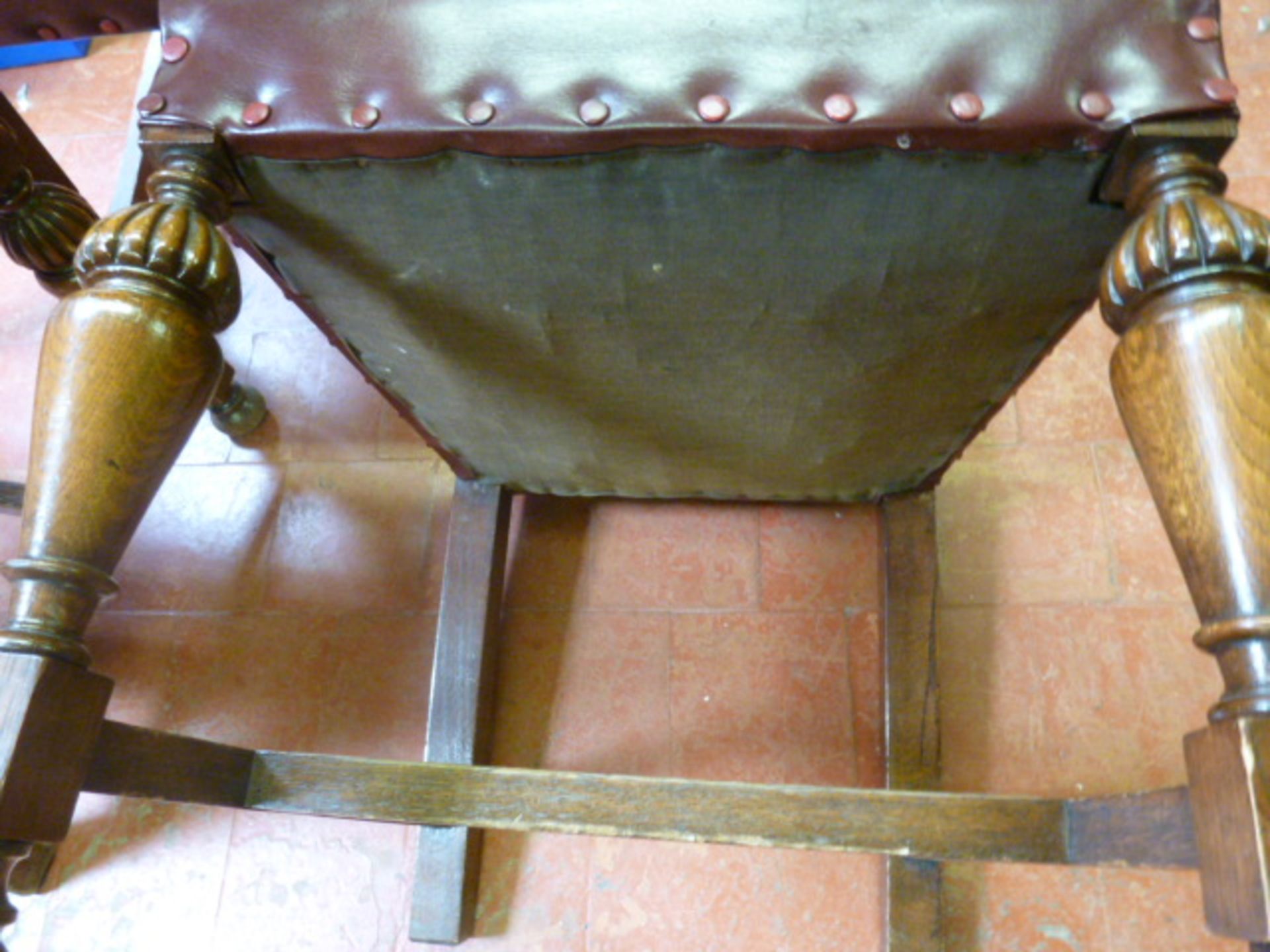 3 x Matching Early Wood Chairs with Dark Red Leather & Stud Detail. - Image 5 of 5