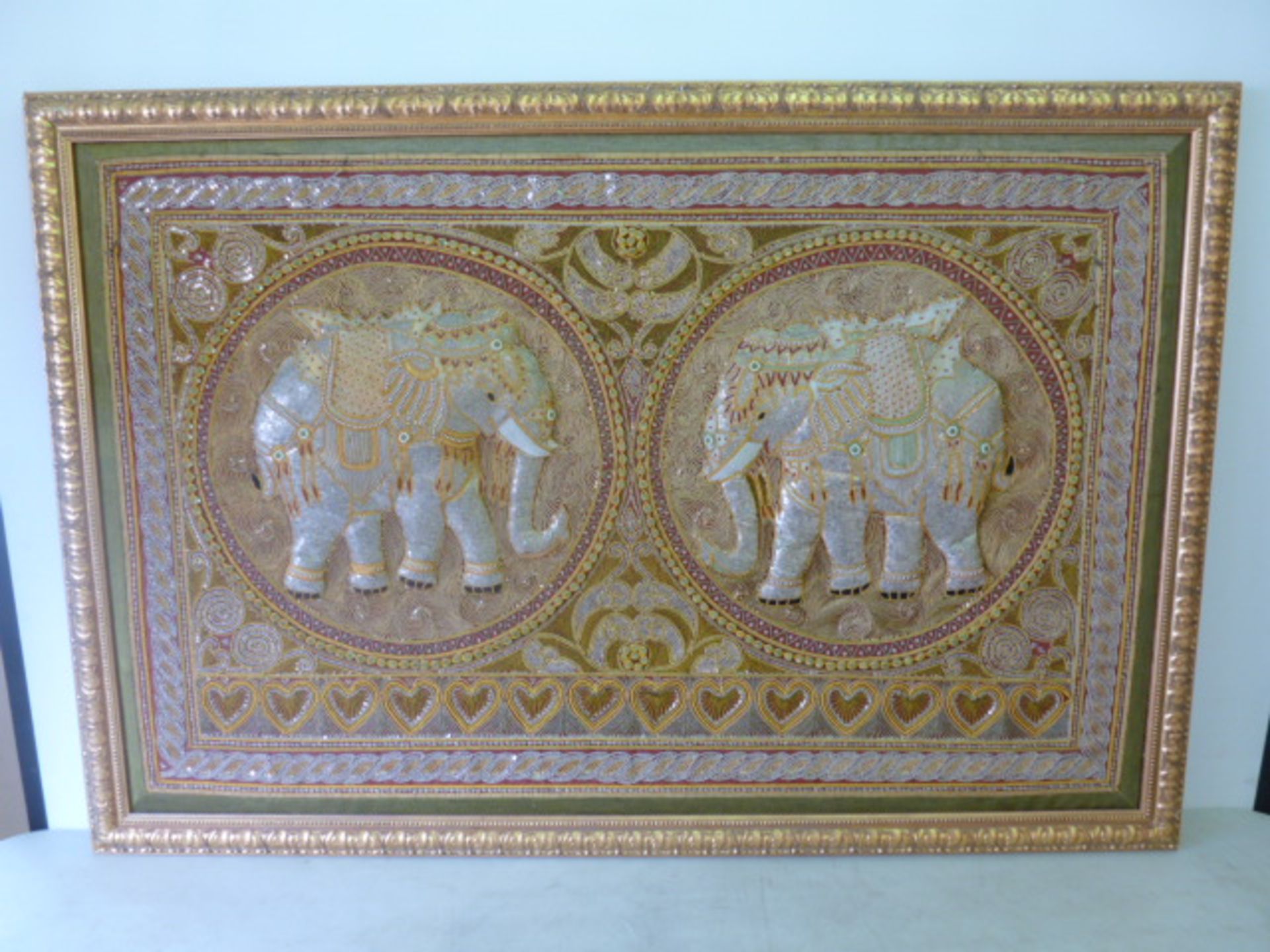 Gilt Framed Embroidery of 2 Indian Elephants with Raised 3D Effect. Intricate Detailing with Gold
