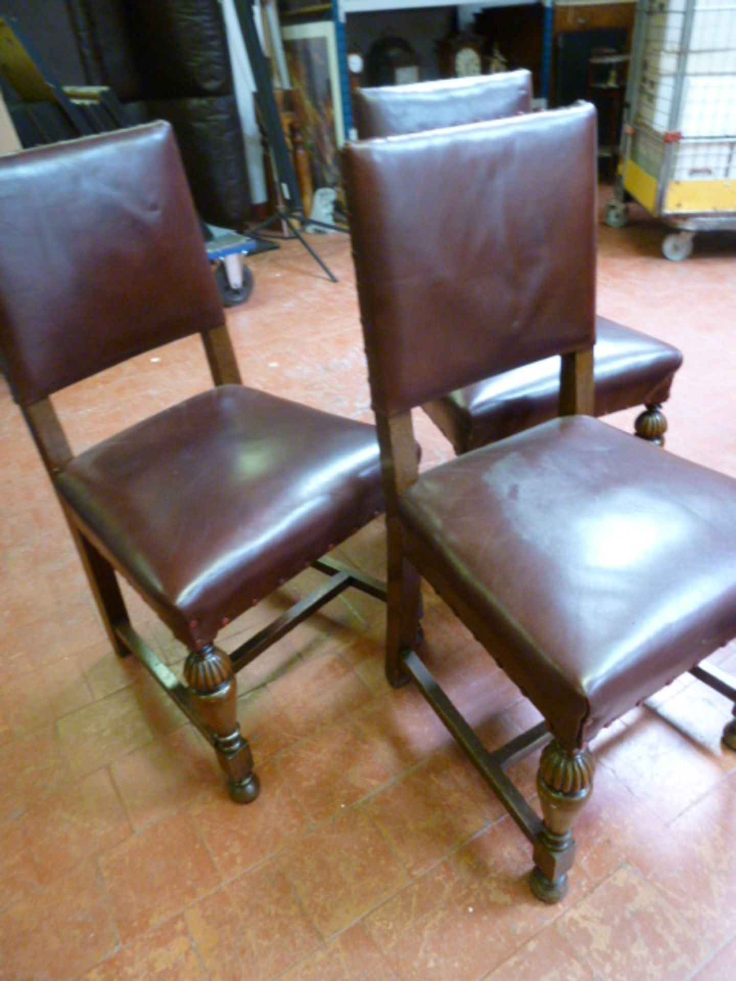 3 x Matching Early Wood Chairs with Dark Red Leather & Stud Detail. - Image 2 of 5