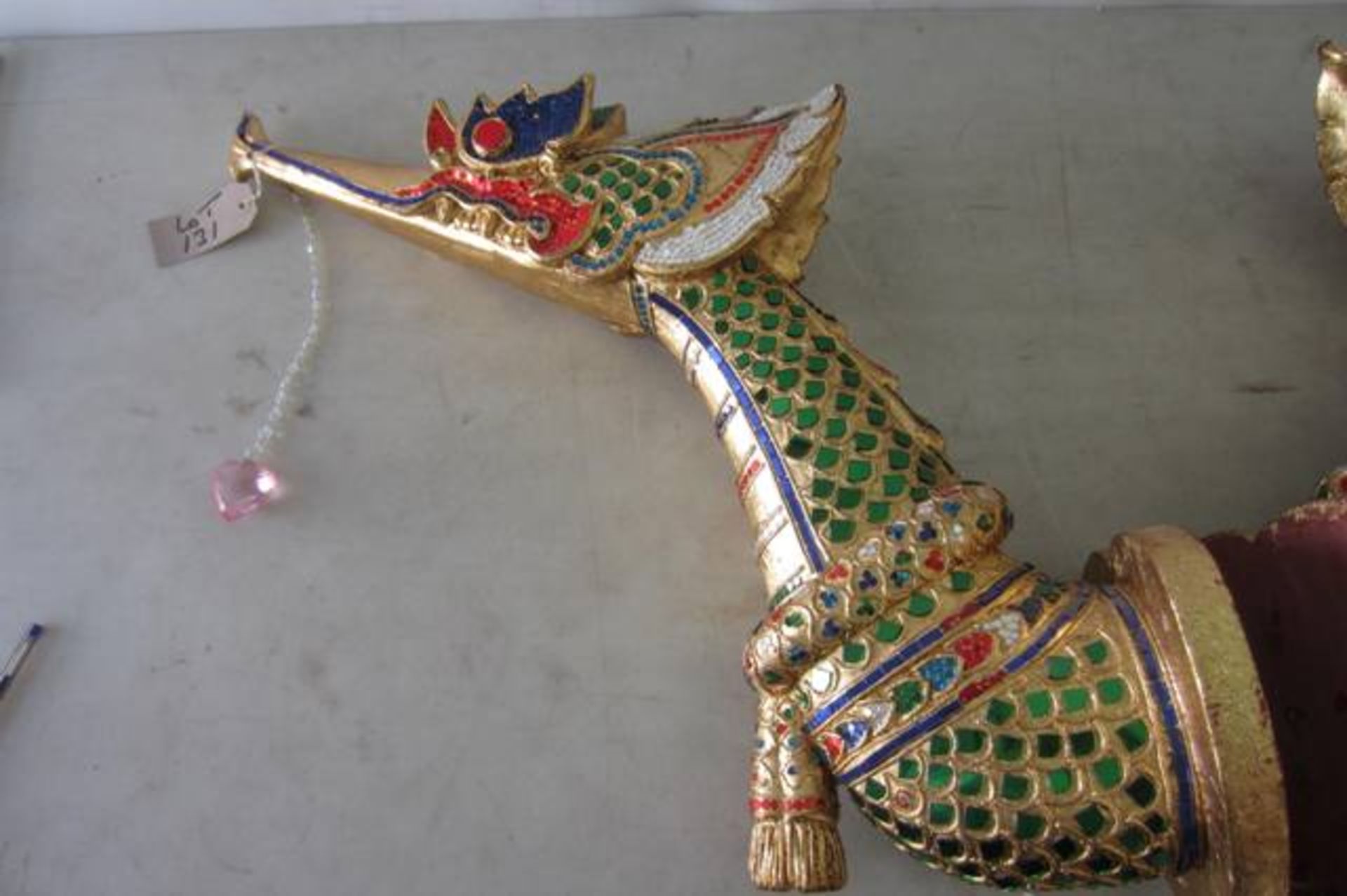 Pair of Wood Oriental Dragons Embellishments with Gold Leaf and Coloured Sequins. - Image 2 of 3