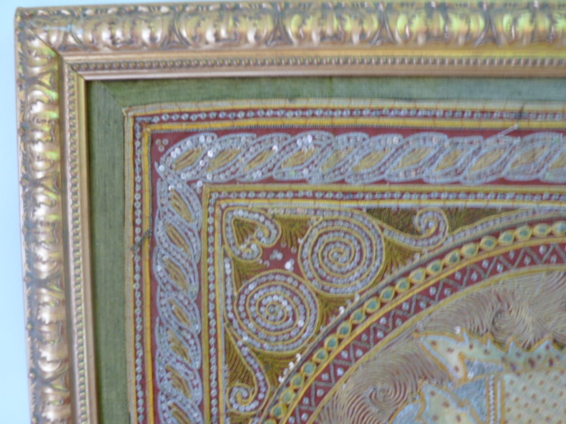 Gilt Framed Embroidery of 2 Indian Elephants with Raised 3D Effect. Intricate Detailing with Gold - Image 3 of 4