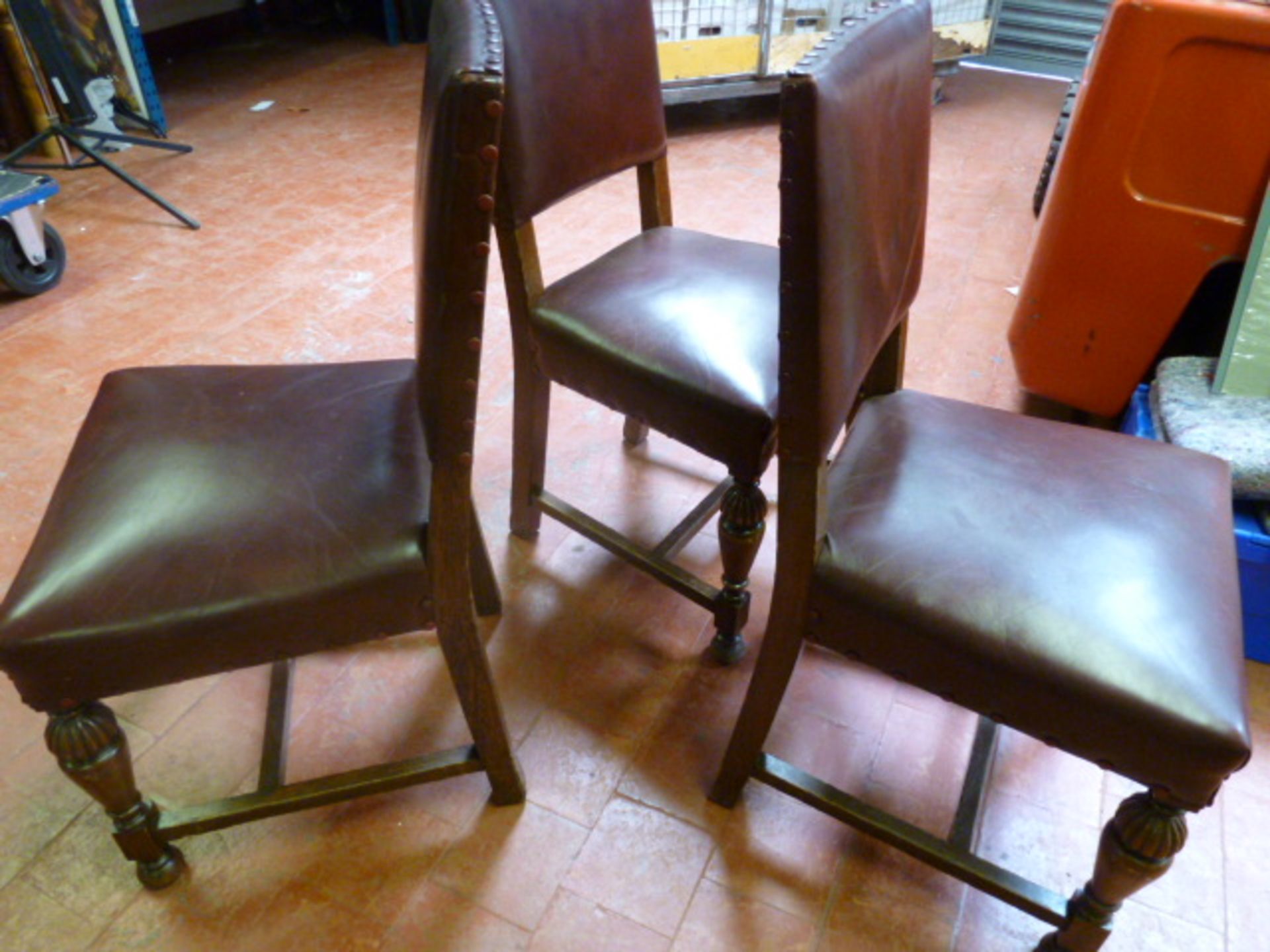 3 x Matching Early Wood Chairs with Dark Red Leather & Stud Detail. - Image 3 of 5