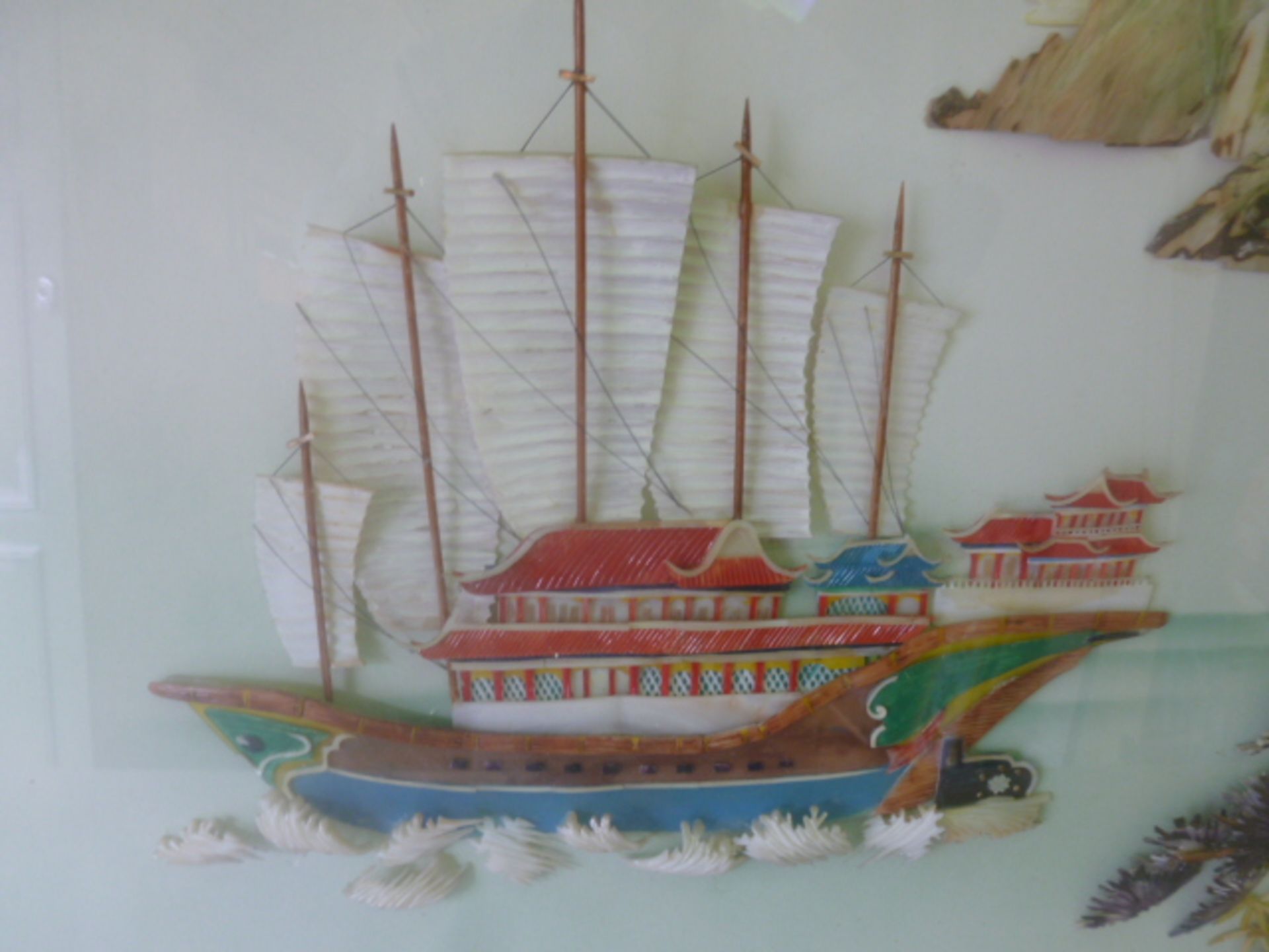 Framed & Glazed Diarama Oriental Boat Scene in Case Carved from Shells. Size H69cm x W110cm - Image 2 of 4