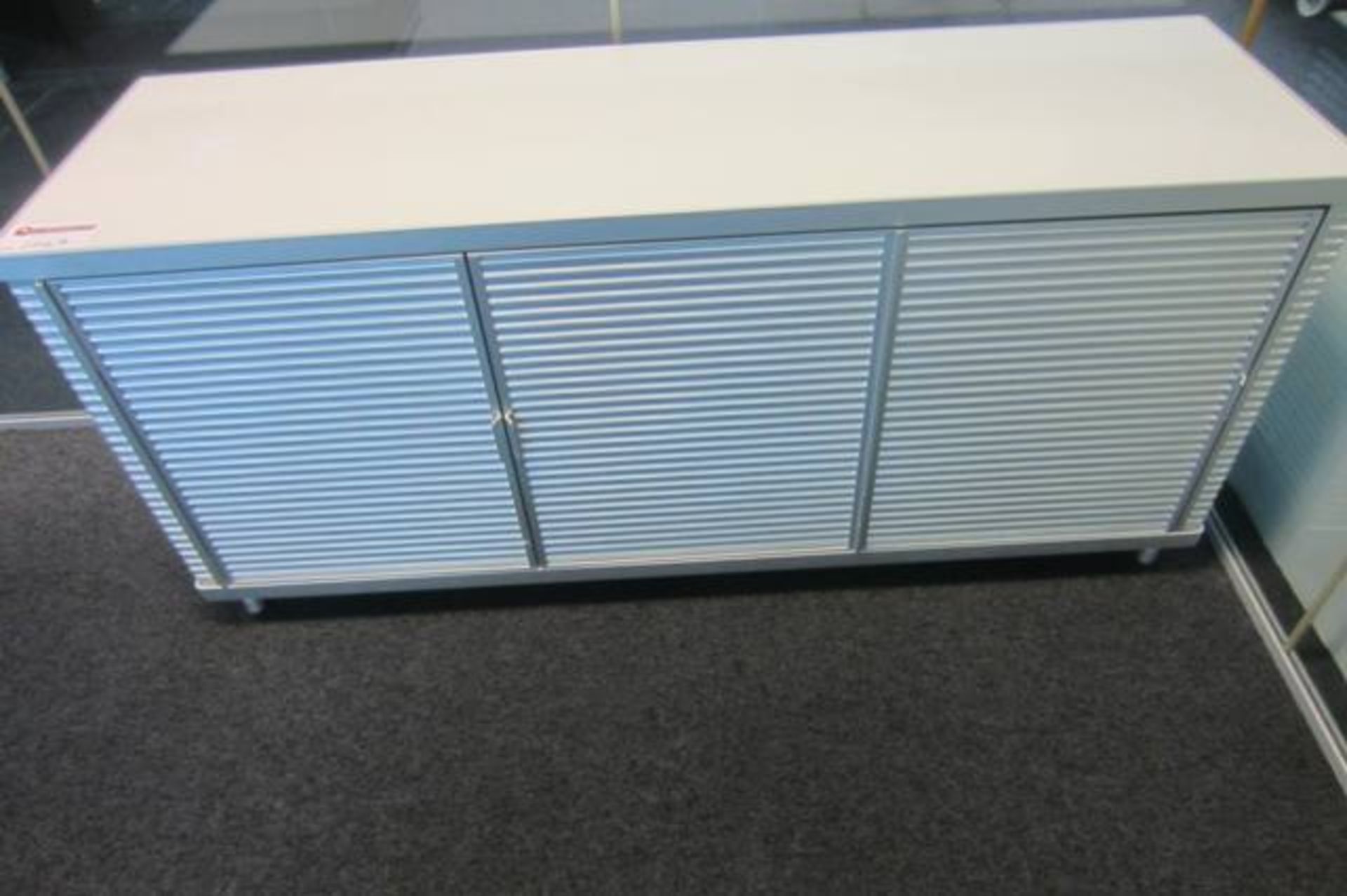 Office Credenza Unit in White Perspex with Aluminium Corrugate Sides & 3 Doors.