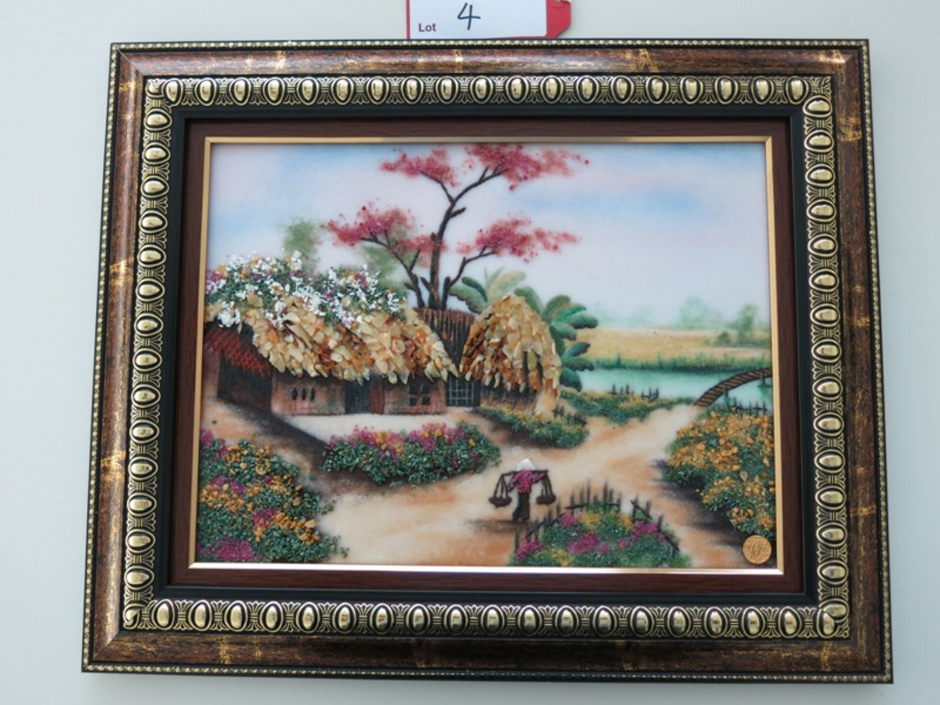 Framed Picture of Vietnamese Scene Depicting a Cottage by a River