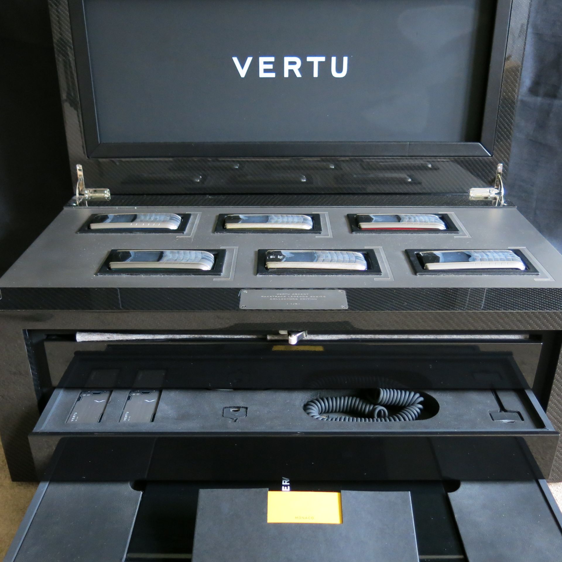 Presentation Display Case of 6 Vertu Ascent Racetrack Legend Series Phones. Collectors Edition 11/