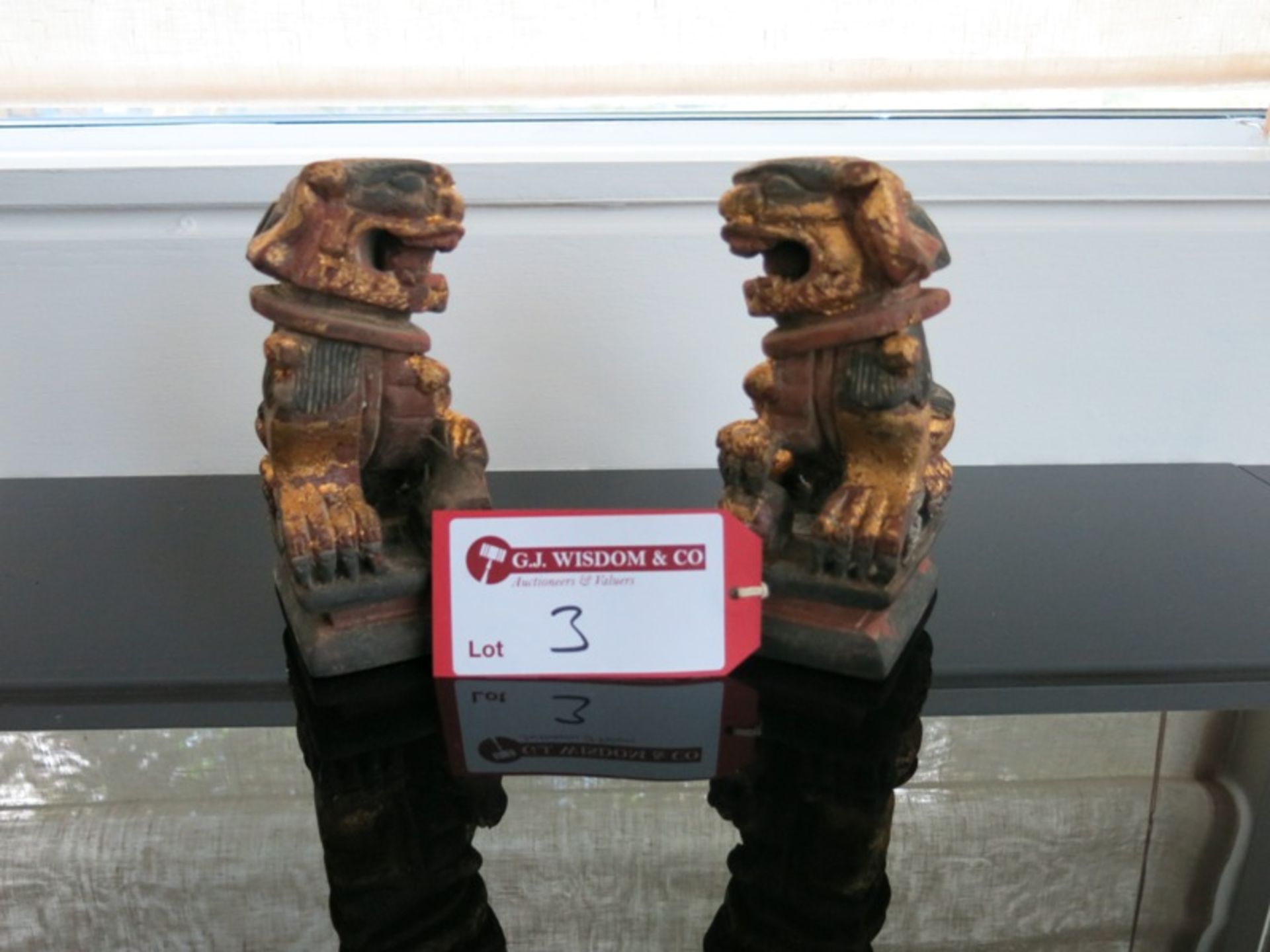 Pair of Wooden Chinese Ornamental Lions in Carved Wooden Box. "Chinese Good Luck Gift"