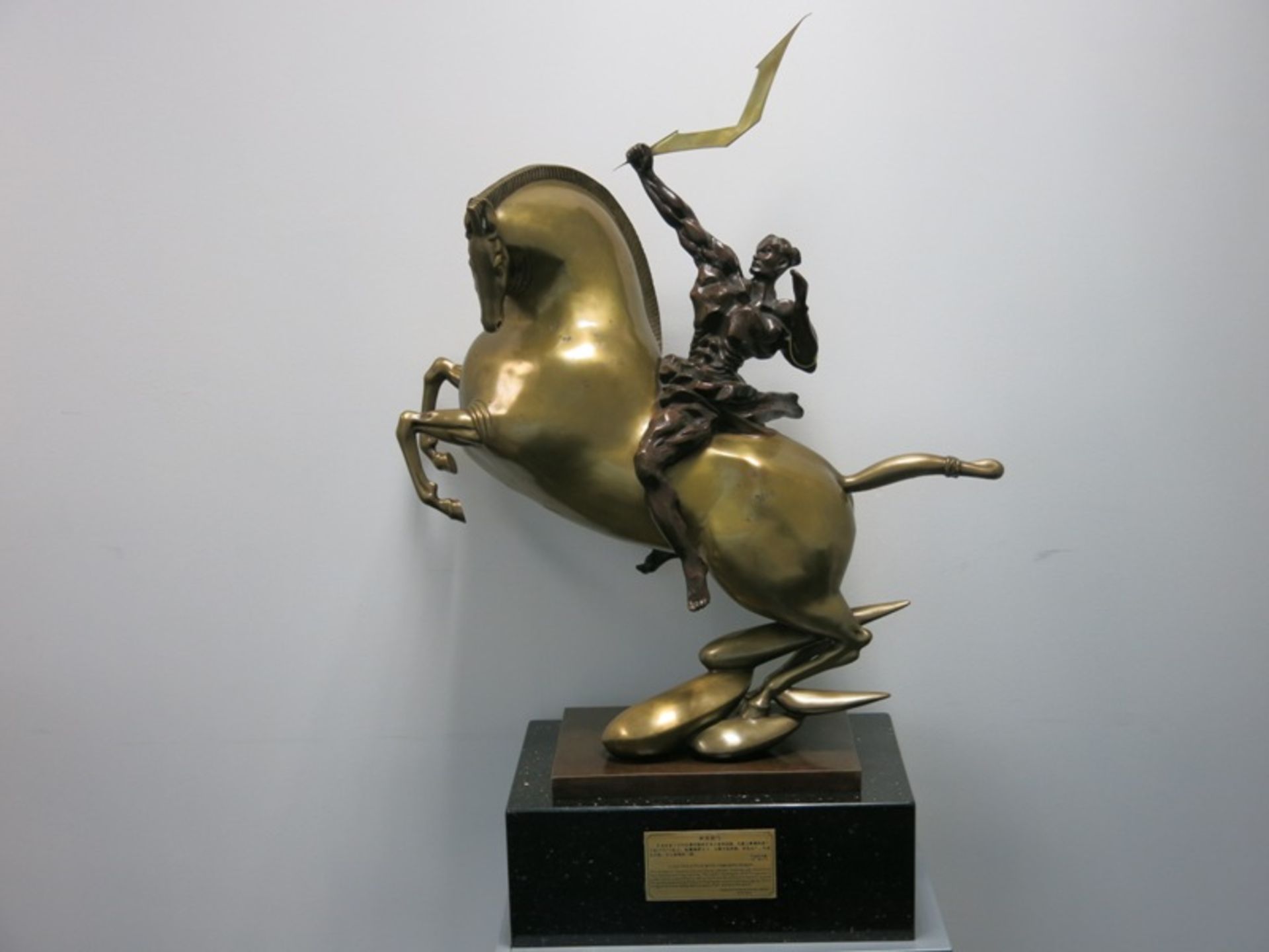Large Bronze Sculpture on Marble Base of a Soldier Holding the Vertu Logo. Called "A Golden Spear