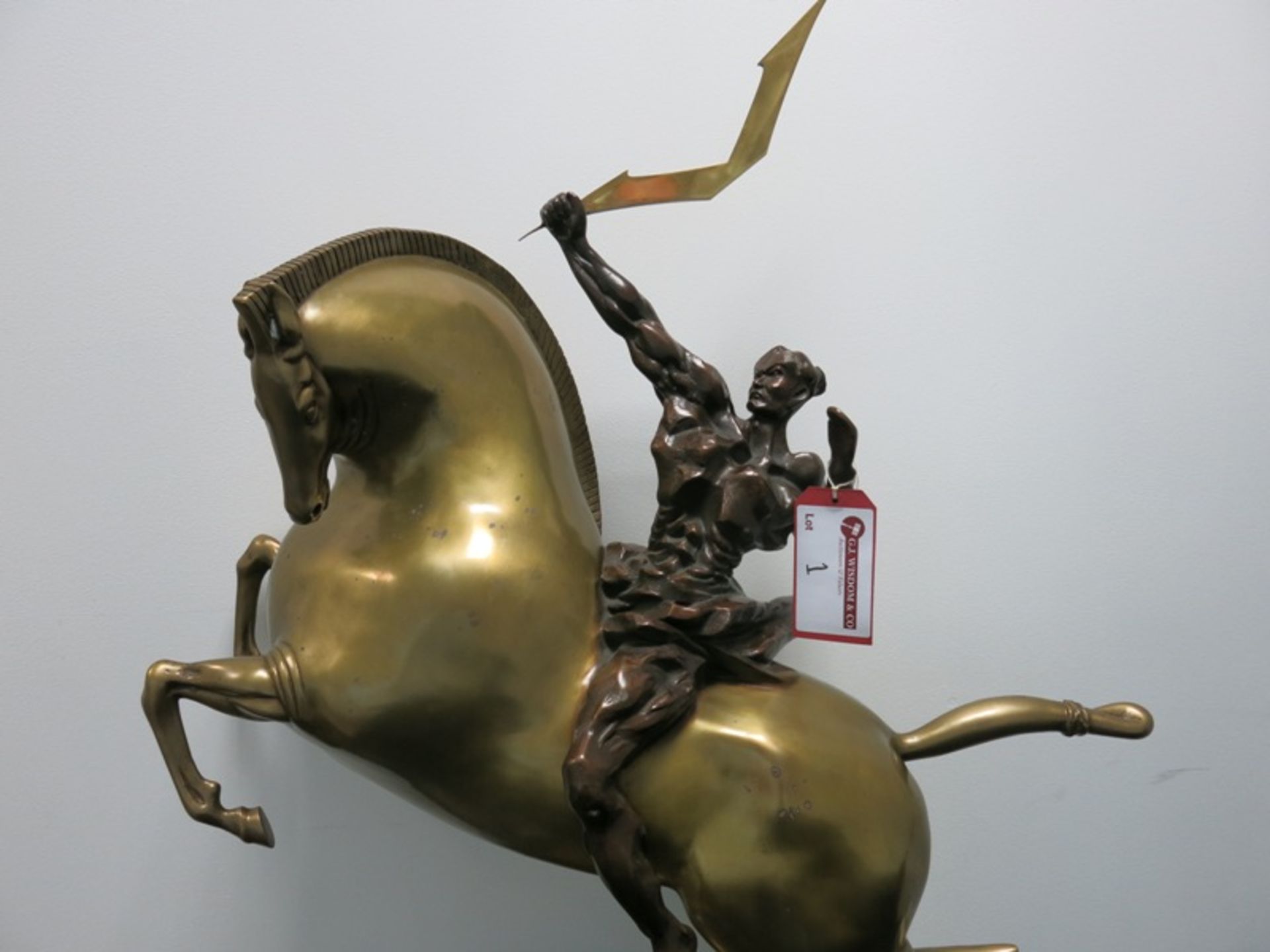 Large Bronze Sculpture on Marble Base of a Soldier Holding the Vertu Logo. Called "A Golden Spear - Image 8 of 8