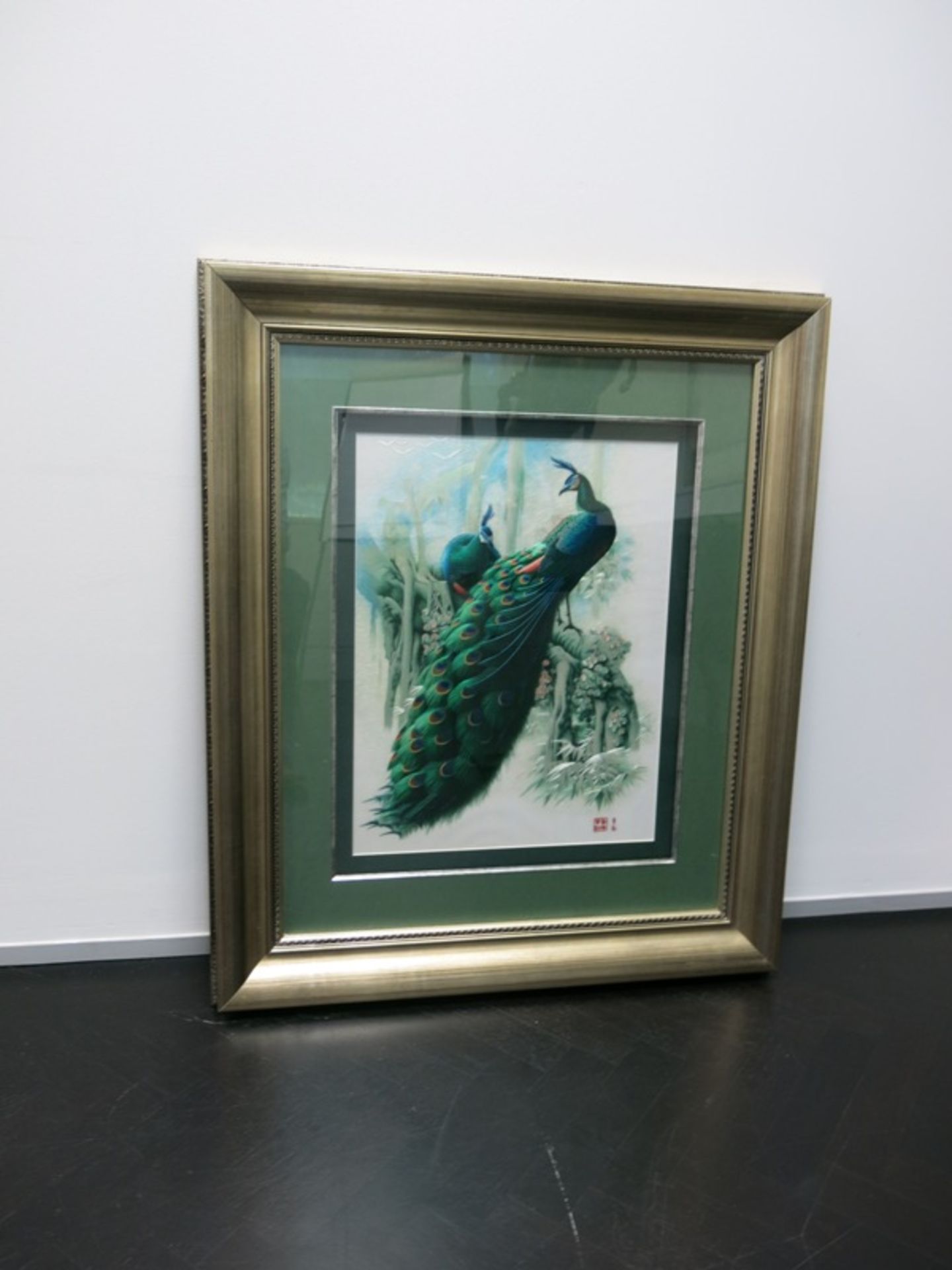 A Fine Silk Embroidery Depicting Peacocks in a Woodland Setting, Signed by the Chinese Artist. - Image 2 of 14