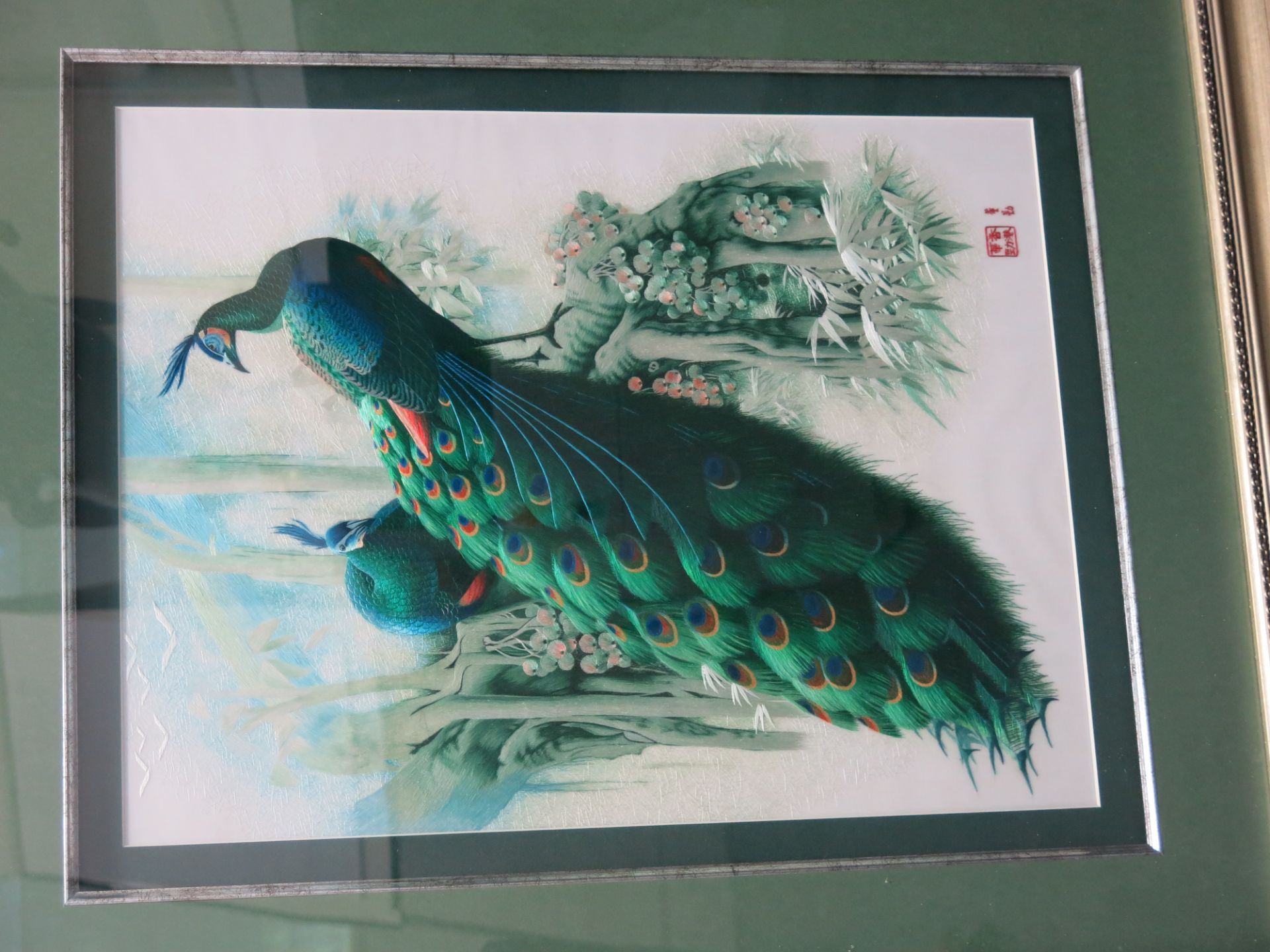 A Fine Silk Embroidery Depicting Peacocks in a Woodland Setting, Signed by the Chinese Artist. - Image 3 of 14