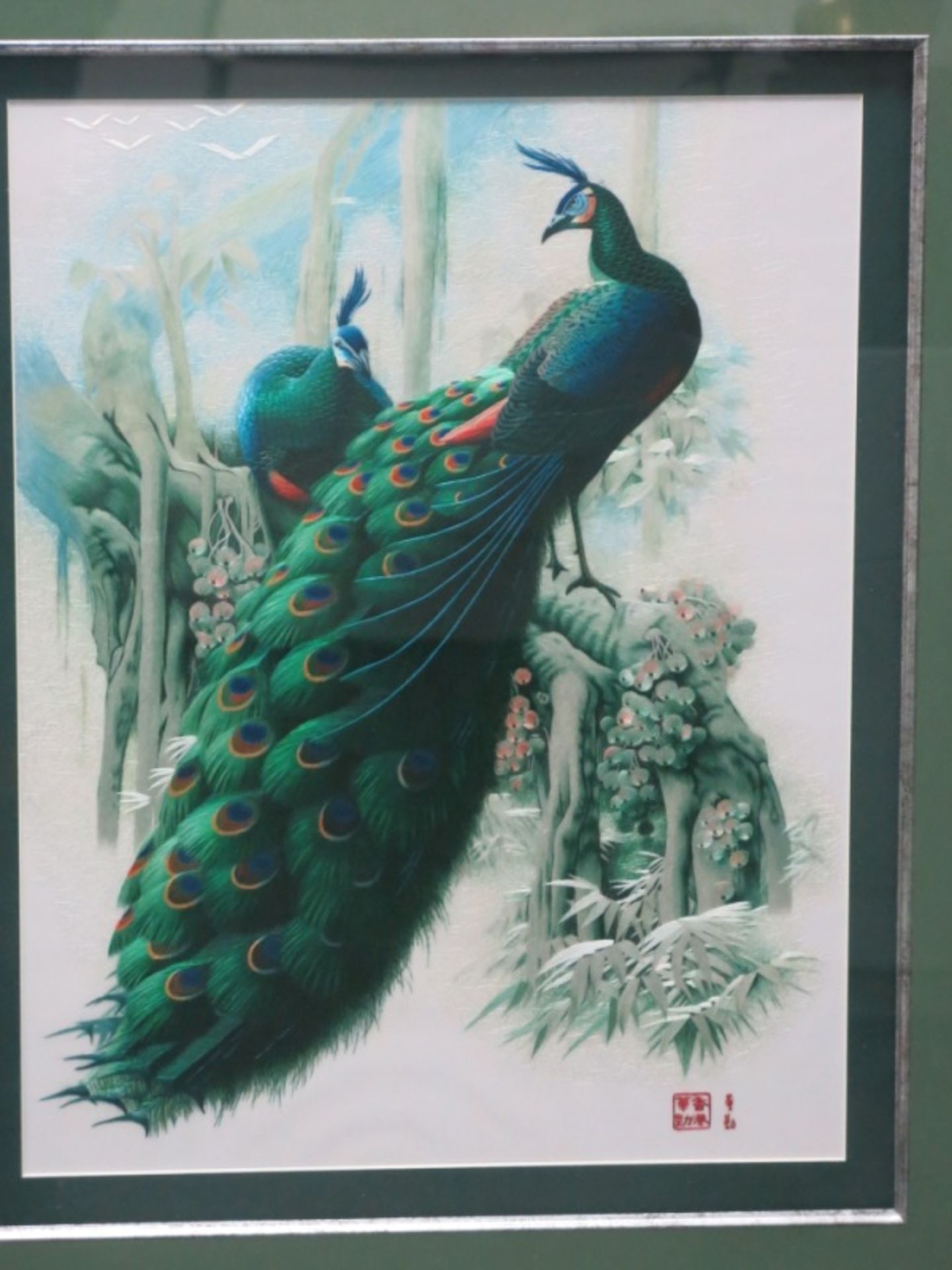 A Fine Silk Embroidery Depicting Peacocks in a Woodland Setting, Signed by the Chinese Artist. - Image 11 of 14