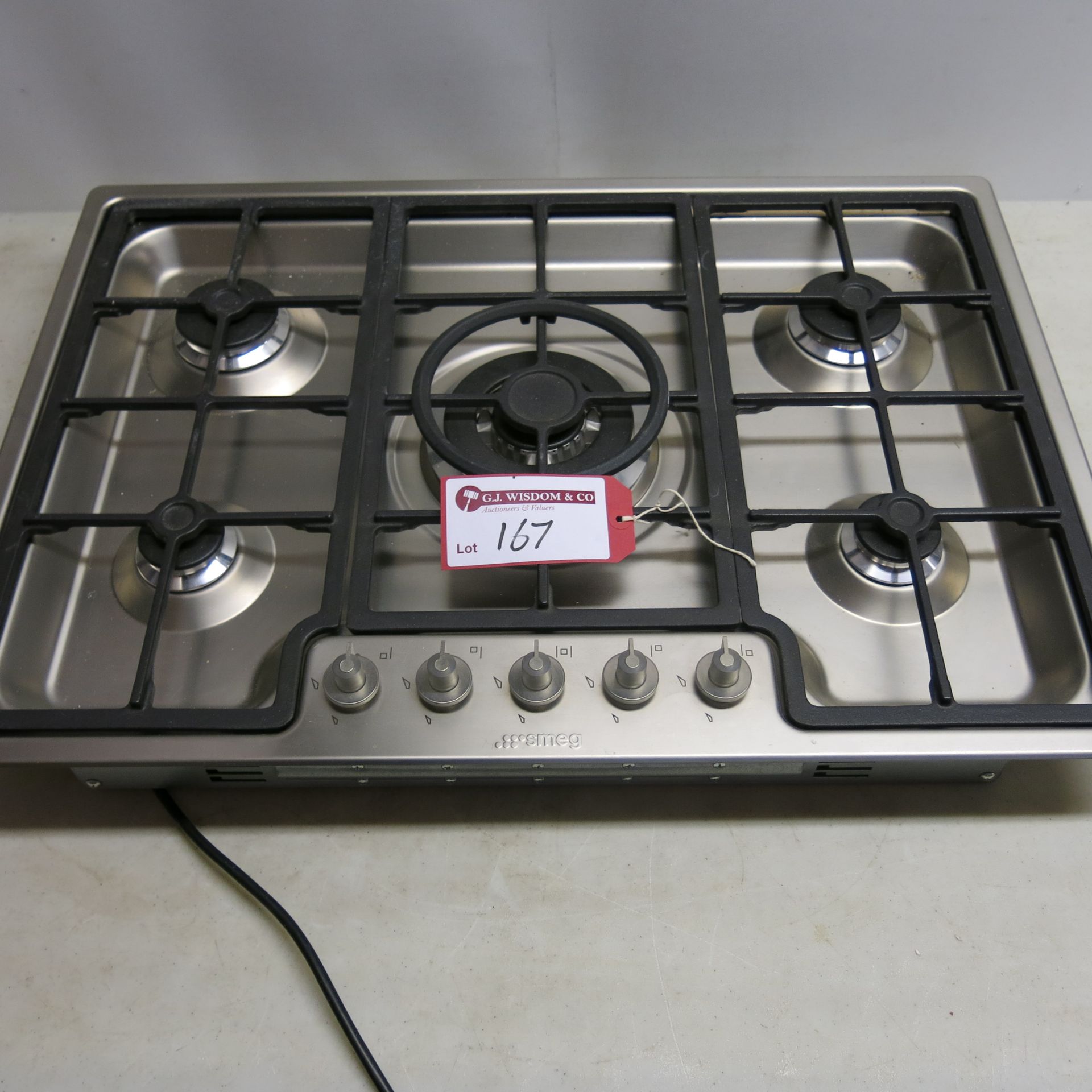 Smeg Stainless Steel 5 Ring Gas Hob, Model PGF75SC63. Size 72cm x 51cm with Wok Attachment. New/Ex